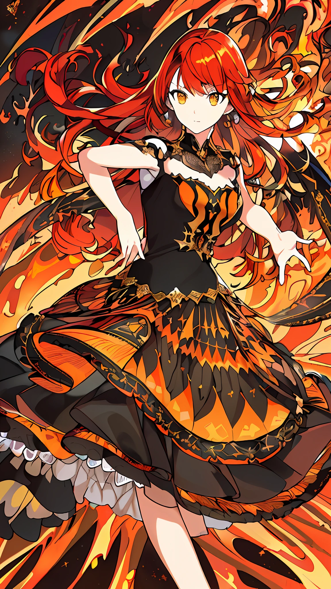 (((masterpiece))),(((bestquality))),((ultra-detailed)),(illustration),((anextremelydelicateandbeautiful)),dynamicangle,floating,(beautifuldetailedeyes),(detailedlight) (1girl), solo,red hair with yellow fade,black and orange dress with flame pattern,firey background