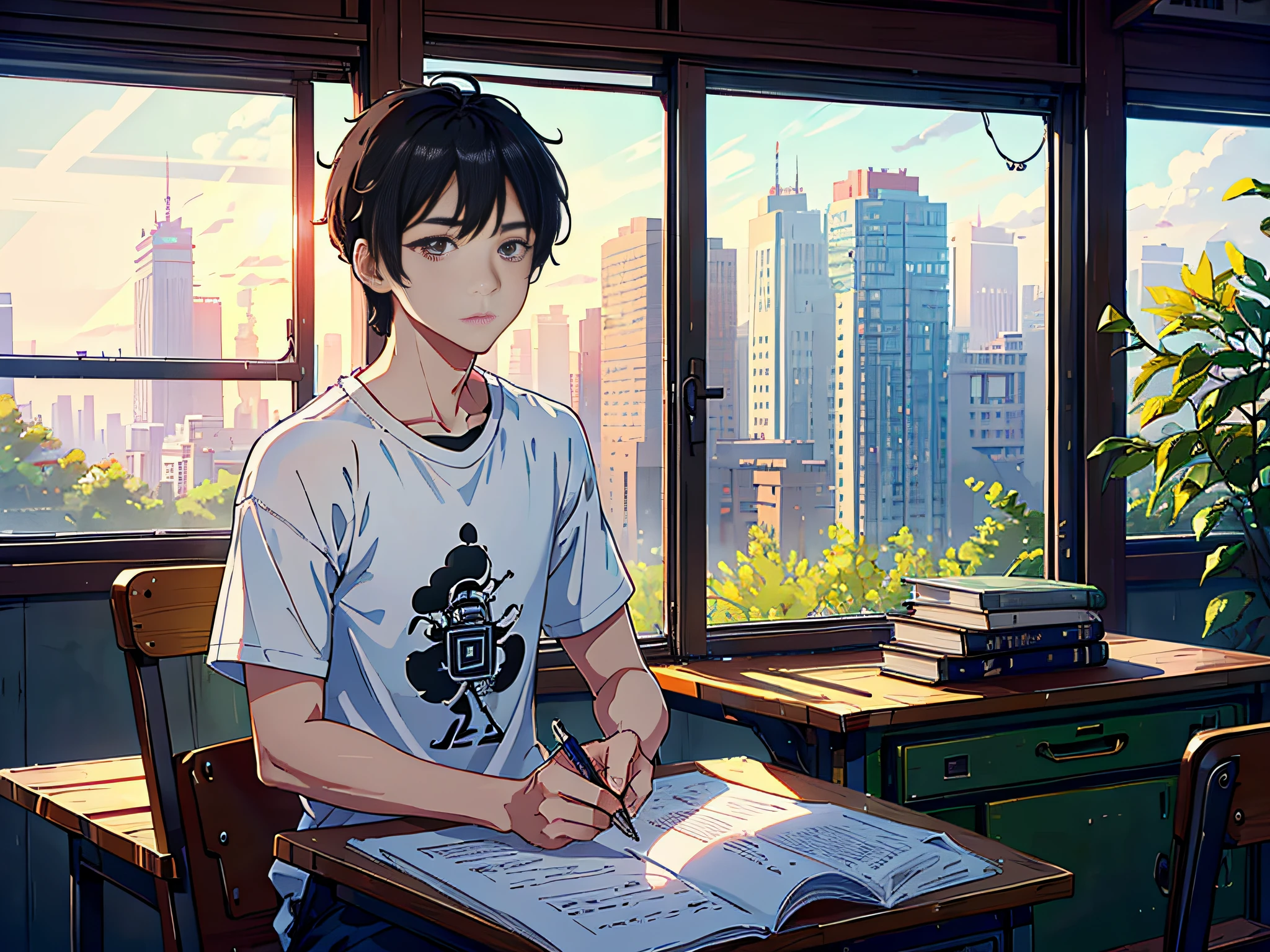 A man is sitting in the classroom, boy, male classmate, in the campus classroom, this male classmate is wearing a white T-shirt, short black hair, holding a pen in his hand, there are test papers, there are books, the lens is mainly featured on the upper body, in the Loepfe art style ((Xinhai City), popular in CGStation, Xinhaicheng H 2160, inspired by Bian Shoumin, Xinhaicheng, Kavasi, Guvitz style, high-quality pictures, 4K, 8K, resolution,