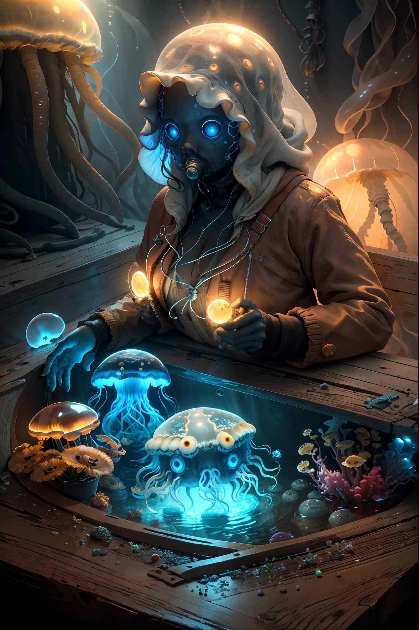 (Masterpiece, Best Quality:1.3), highres, (8k resolution), (ultra-detailed:1.1), madgod, stop motion, horror, no humans, glowing, monster, underwater,  jellyfish, photorealistic, glowing:0.3, (details:1.2), volumetric lighting, (extremely detailed), bubble