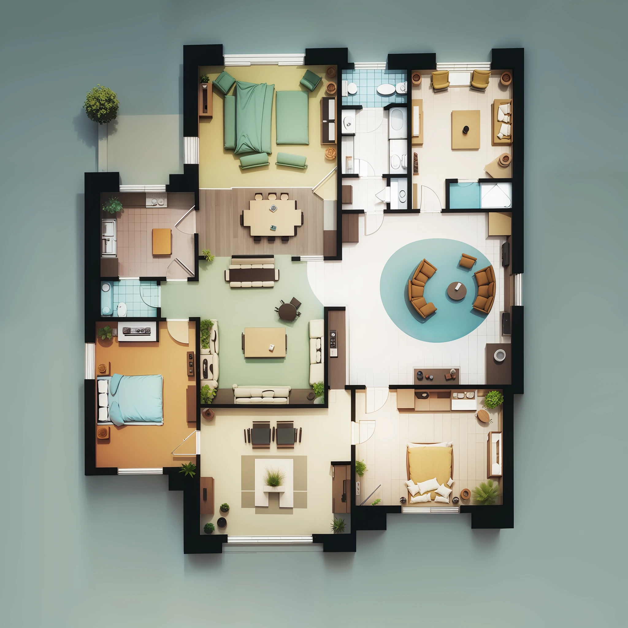 A plan of a 2D house with 3 bedrooms, kitchen, living room and pool --auto --s2
