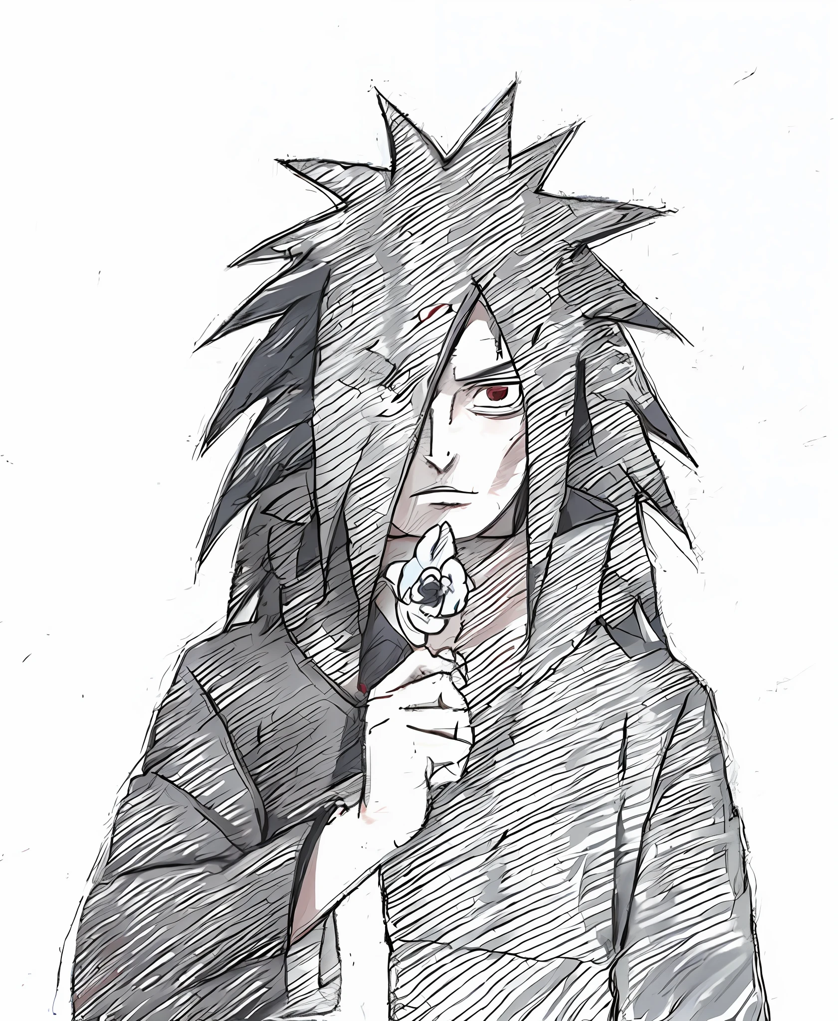 a drawing of madara holding a flower in hand, madara uchiha, itatchi uchiha, sasuke uchiha, itachi uchiha, from naruto, akatsuki akira, naruto, Madara, naruto, anime style", akiyuki shinbou, naruto pain, by Yuki Ogura, anime shading)