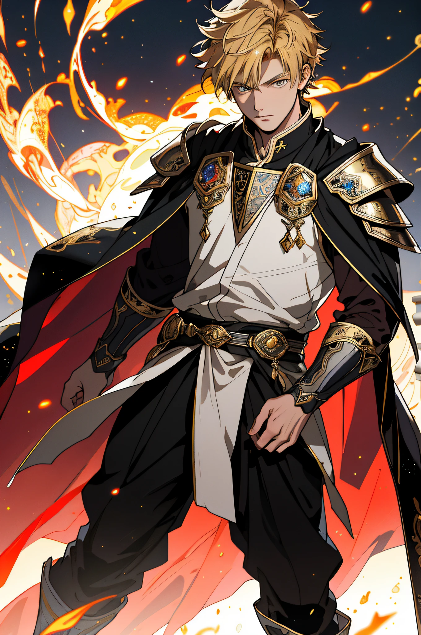 Best quality, masterpiece, ultra high resolution, detailed background, realistic, hadesstyle, full body 16 year old prince, short blonde hair, amber eyes, dressed in Imperial Prince clothes and armor, mage, black fire, cape, depth of field