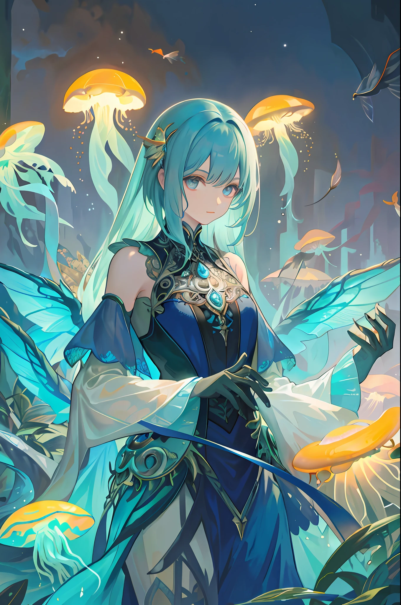Masterpiece, High Quality, Ocean Forest, City, Fantastic Fantasy, Glowing Plants, Coral Viaduct, (Swarm of Glowing Jellyfish), (Shoal of Fish with Transparent Wings Flying in the Sky), Misty, Extreme Detail, Morning Light, Epic Composition, (Intricate Detail), (Intricate Design, Ultra Detail: 1.2), Art Station, (Masterpiece, Best Quality), Ultra HD, 32k --v 6
