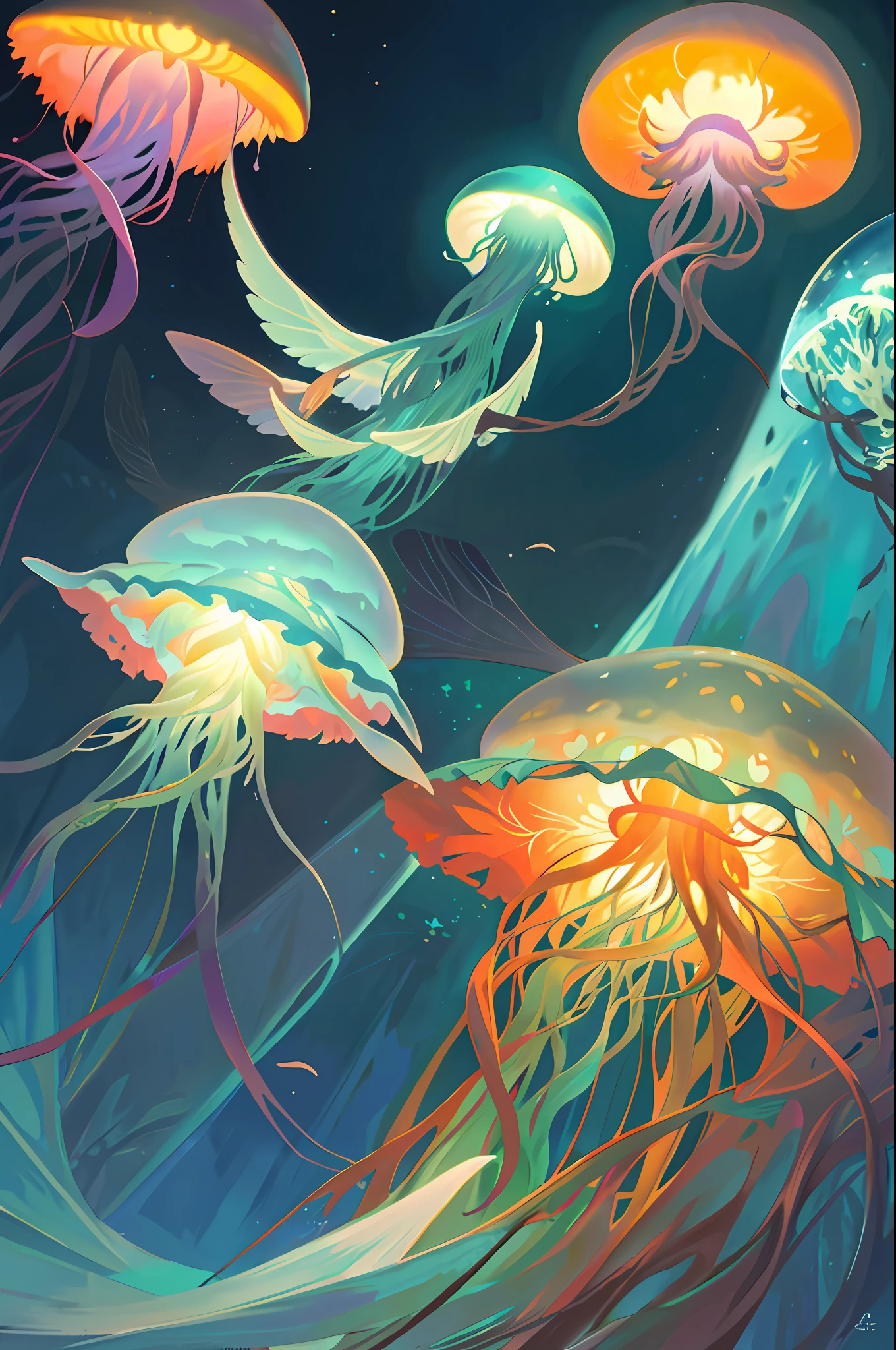Masterpiece, High Quality, Ocean Forest, City, Fantastic Fantasy, Glowing Plants, Coral Viaduct, (Swarm of Glowing Jellyfish), (Shoal of Fish with Transparent Wings Flying in the Sky), Misty, Extreme Detail, Morning Light, Epic Composition, (Intricate Detail), (Intricate Design, Ultra Detail: 1.2), Art Station, (Masterpiece, Best Quality), Ultra HD, 32k --v 6