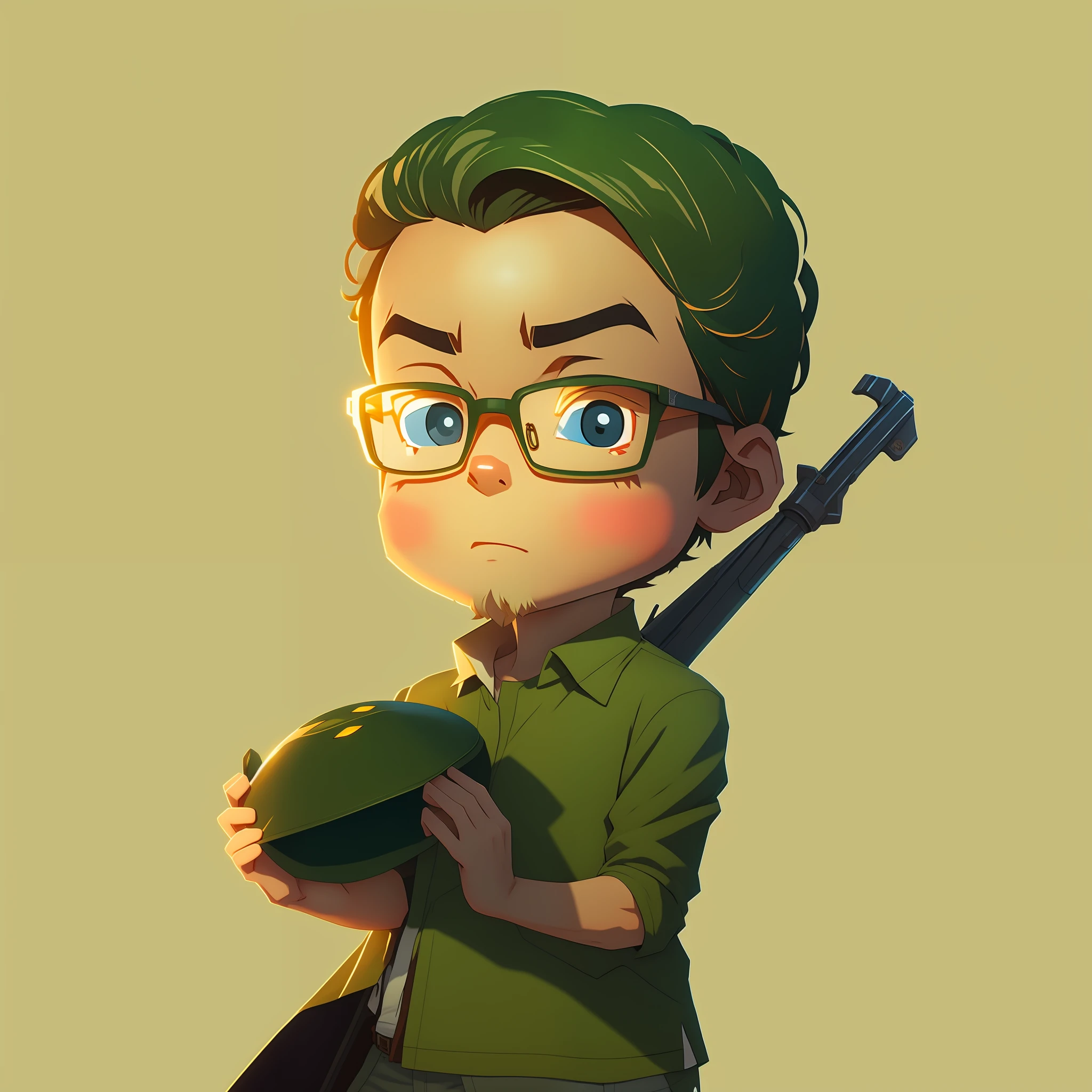 Cartoon Boy with a riflei and a stone in his hands, official illustration, 3 D render of Jerma 9 8 5, official character illustration, 2 D render, Nerdy Man Character Portrait, High Quality Portrait, Makoto Shinkai. Digital rendering, highly detailed character, official character art, Elon Musk anime, Guweiz-style art