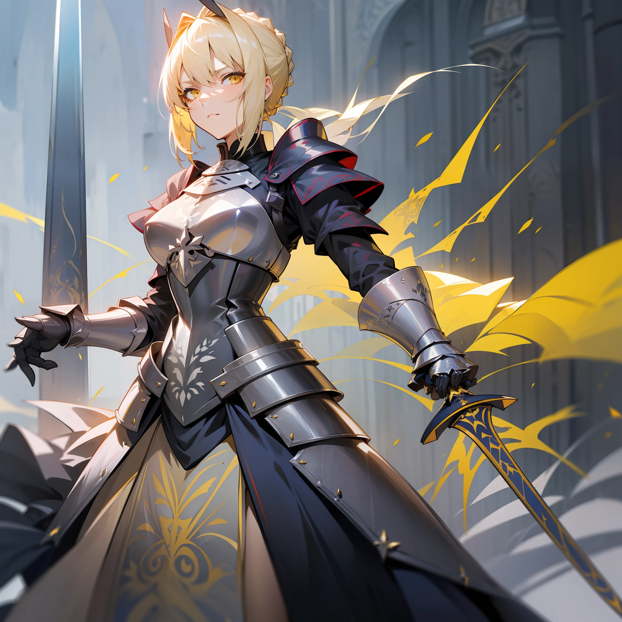 artoria pendragon (fate), saber alter, armor, yellow eyes, armored dress, excalibur morgan (fate), blonde hair, 1girl, looking at viewer, weapon, dress, sword, gauntlets, holding weapon,