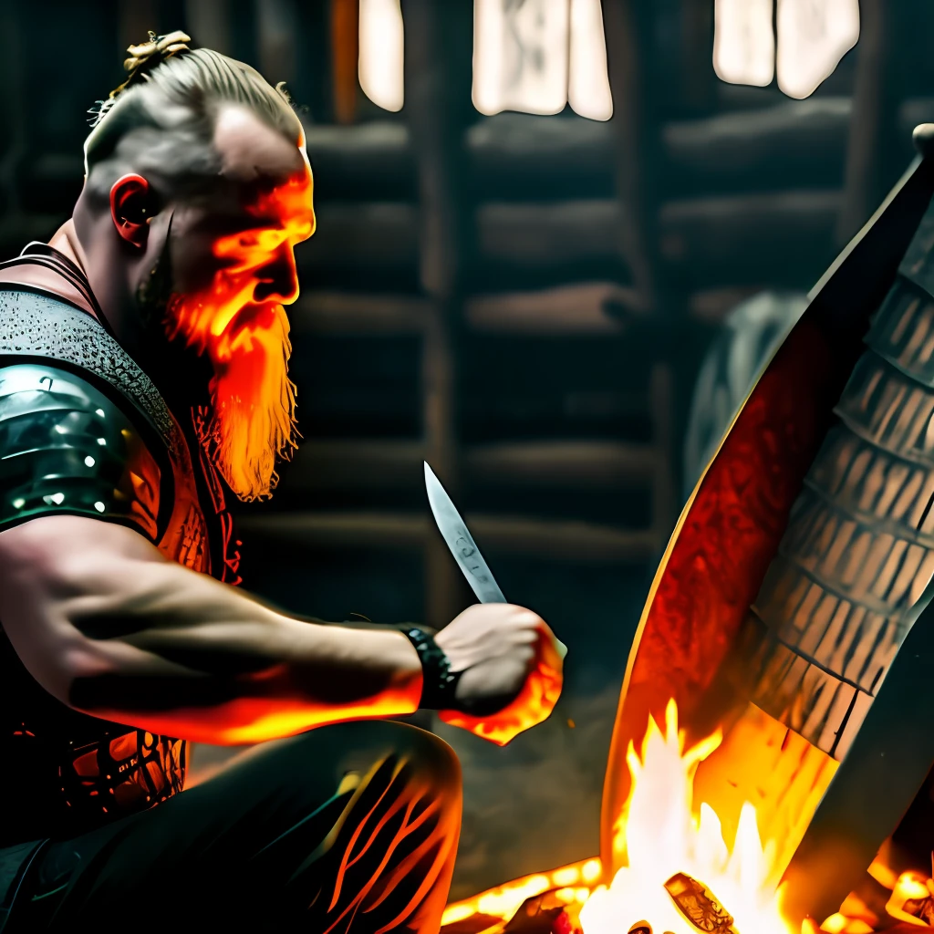 ragnar lothbrok, Muscular, angry, sharpening his sword in a forge, fire, sitting, high quality, 4k