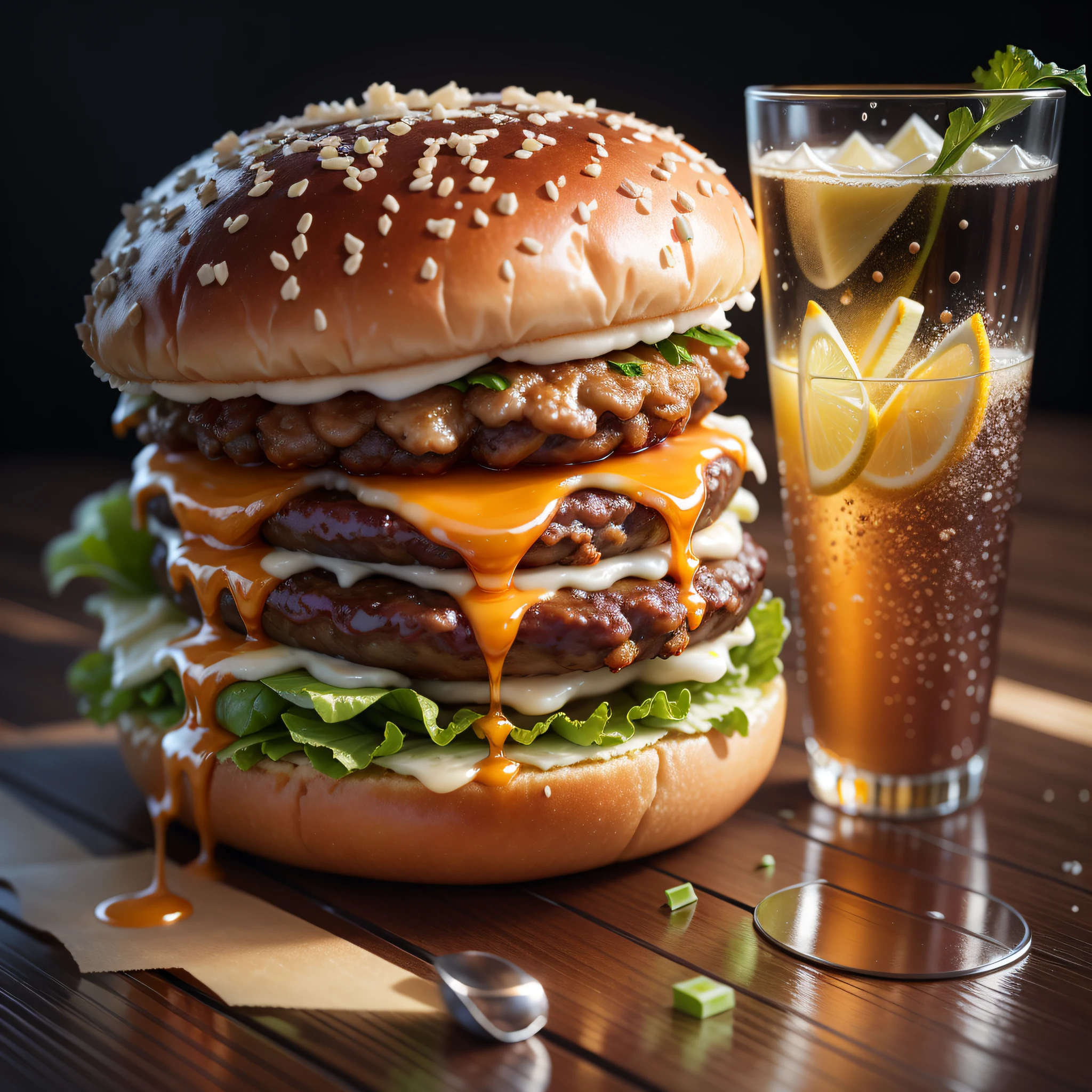 best quality, ultra high resolution, (photorealistic: 1.4), ultra-detailed, incredibly detailed, aluminum package, big mac, fried meat, wet lettuce, melting cheese, juice glass on the side