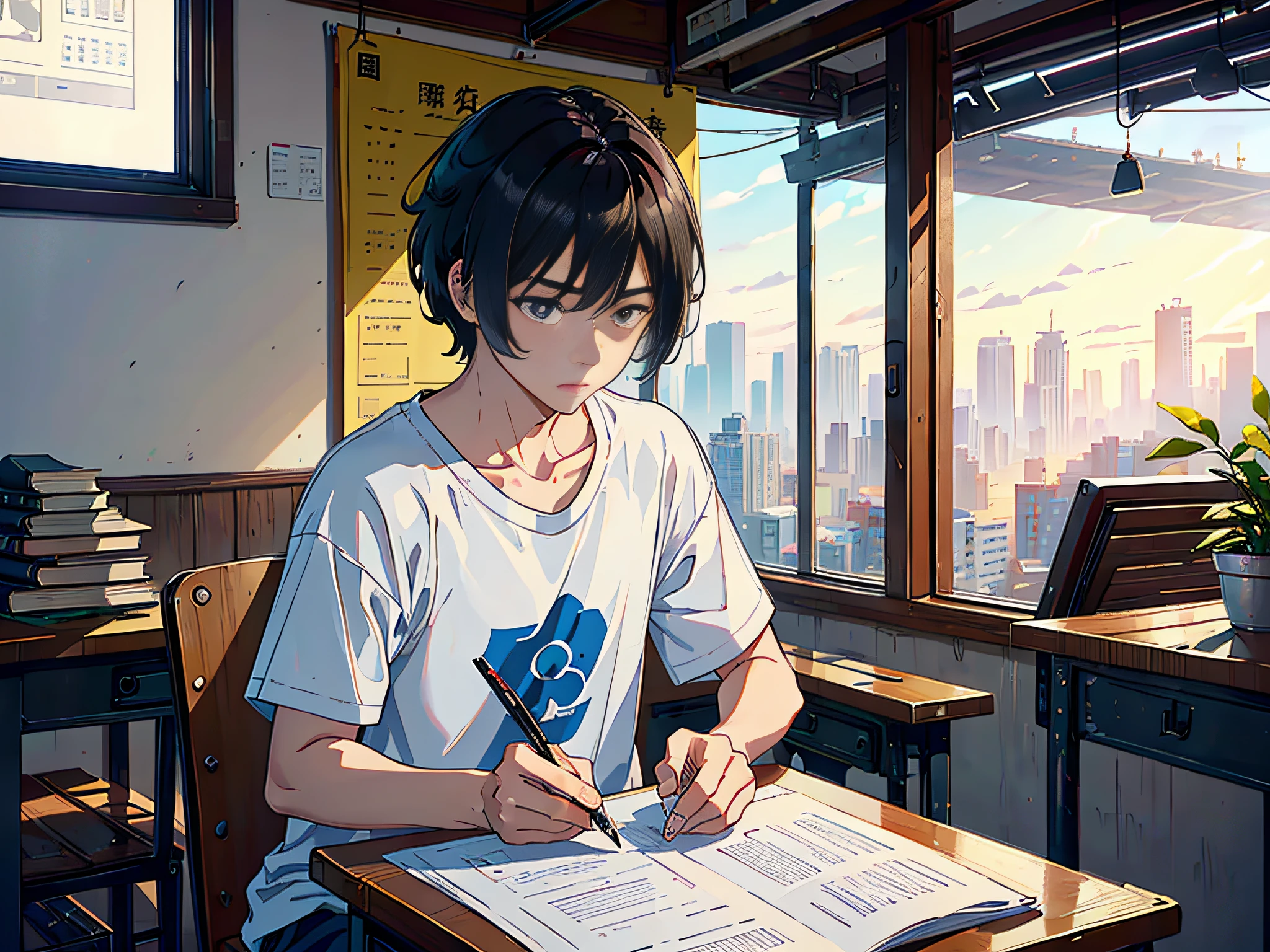 A man is sitting in the classroom, boy, male classmate, in the campus classroom, this male classmate is wearing a white T-shirt, short black hair, holding a pen in his hand, there are test papers, there are books, the lens is mainly featured on the upper body, in the Loepfe art style ((Xinhai City), popular in CGStation, Xinhaicheng H 2160, inspired by Bian Shoumin, Xinhaicheng, Kavasi, Guvitz style, high-quality pictures, 4K, 8K, resolution,