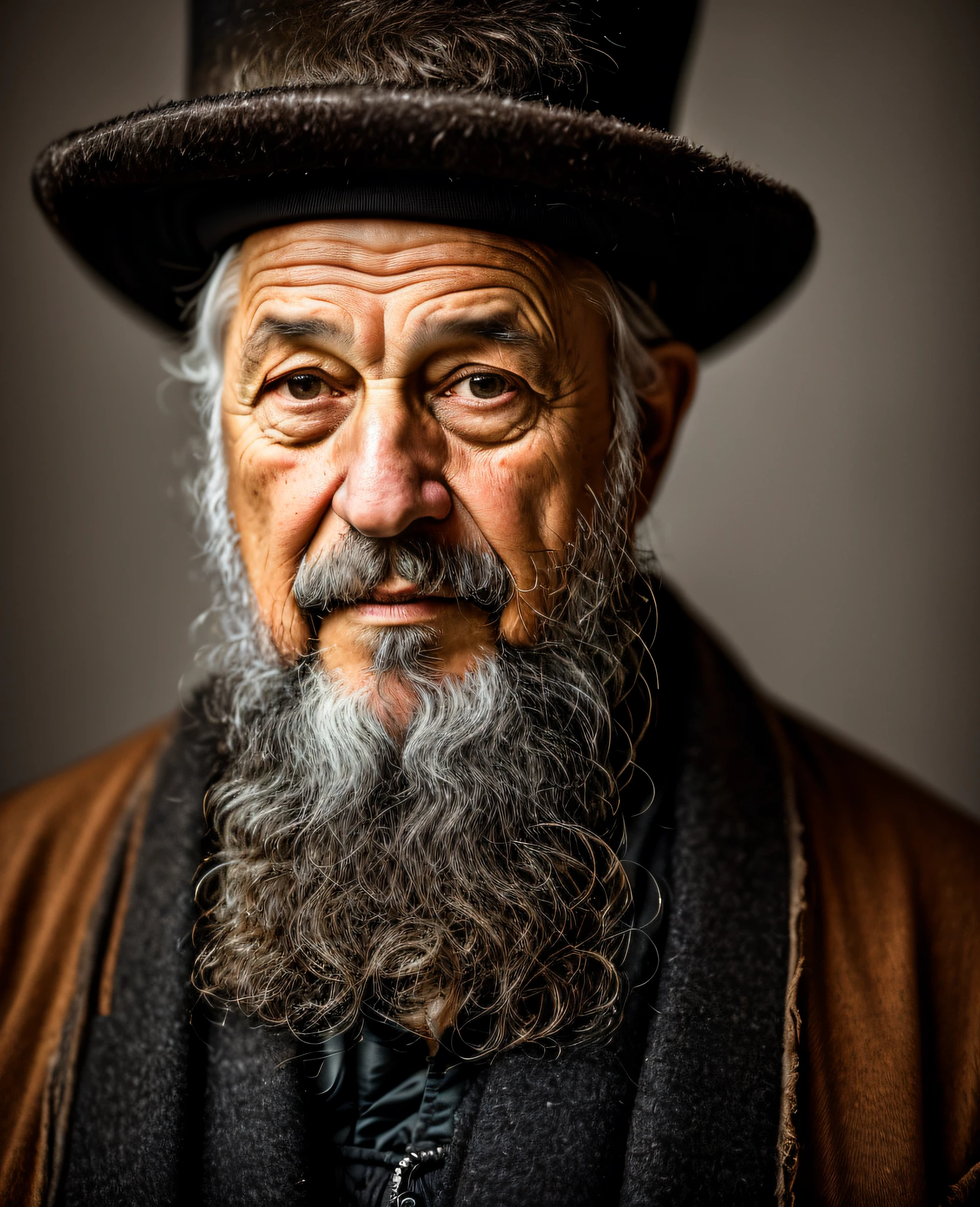 portrait photo of Rembrandt, middle aged man wearing a black hat, greying, brown jacket, photo studio, (8k UHD:1.1), (film grain:1.1), (raw photo:1.1), full resolution, highly detailed skin, detailed hair, dslr, sharp focus, high definition, high quality photography, intricate