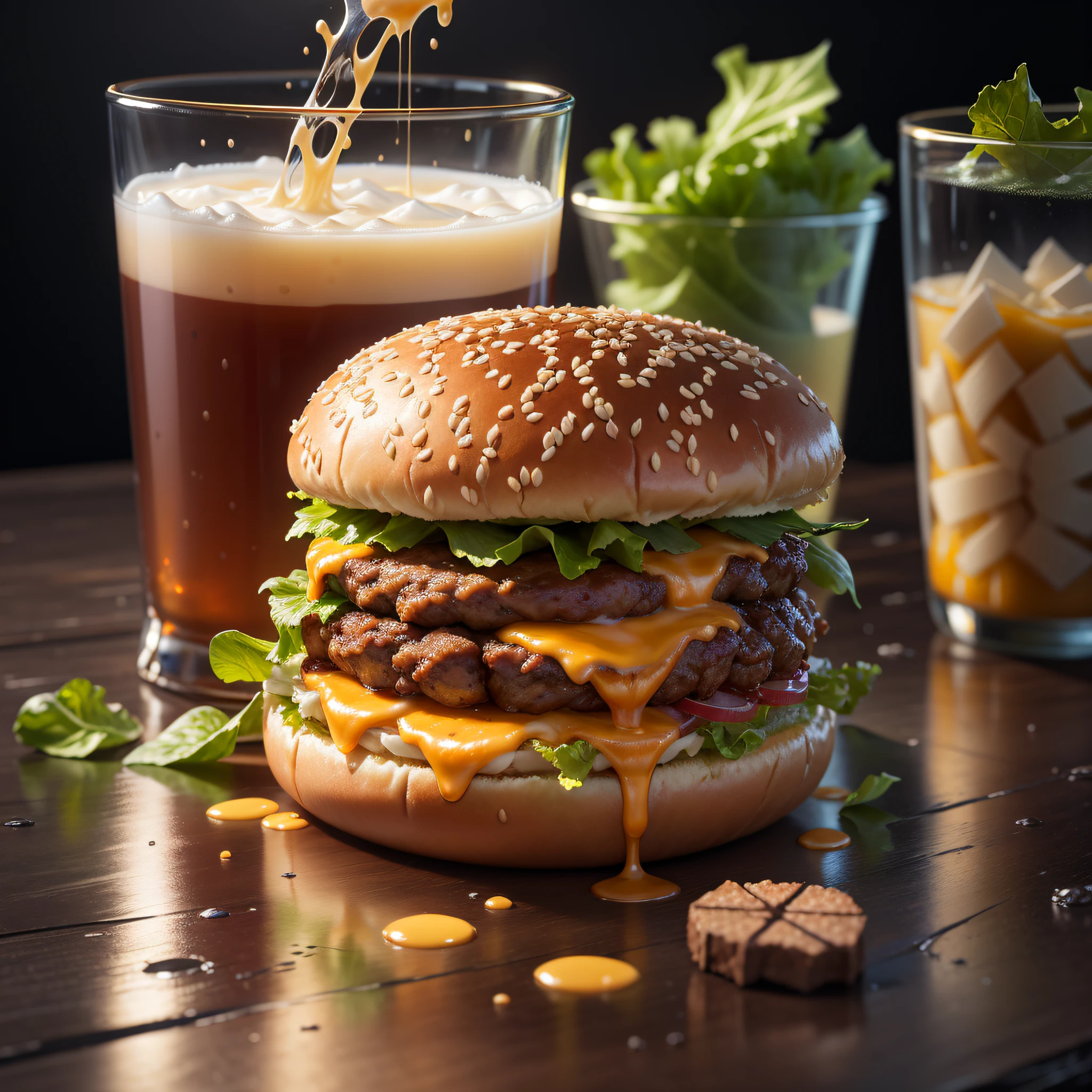 best quality, ultra high resolution, (photorealistic: 1.4), ultra-detailed, incredibly detailed, aluminum package, big mac, fried meat, wet lettuce, melting cheese, juice glass on the side