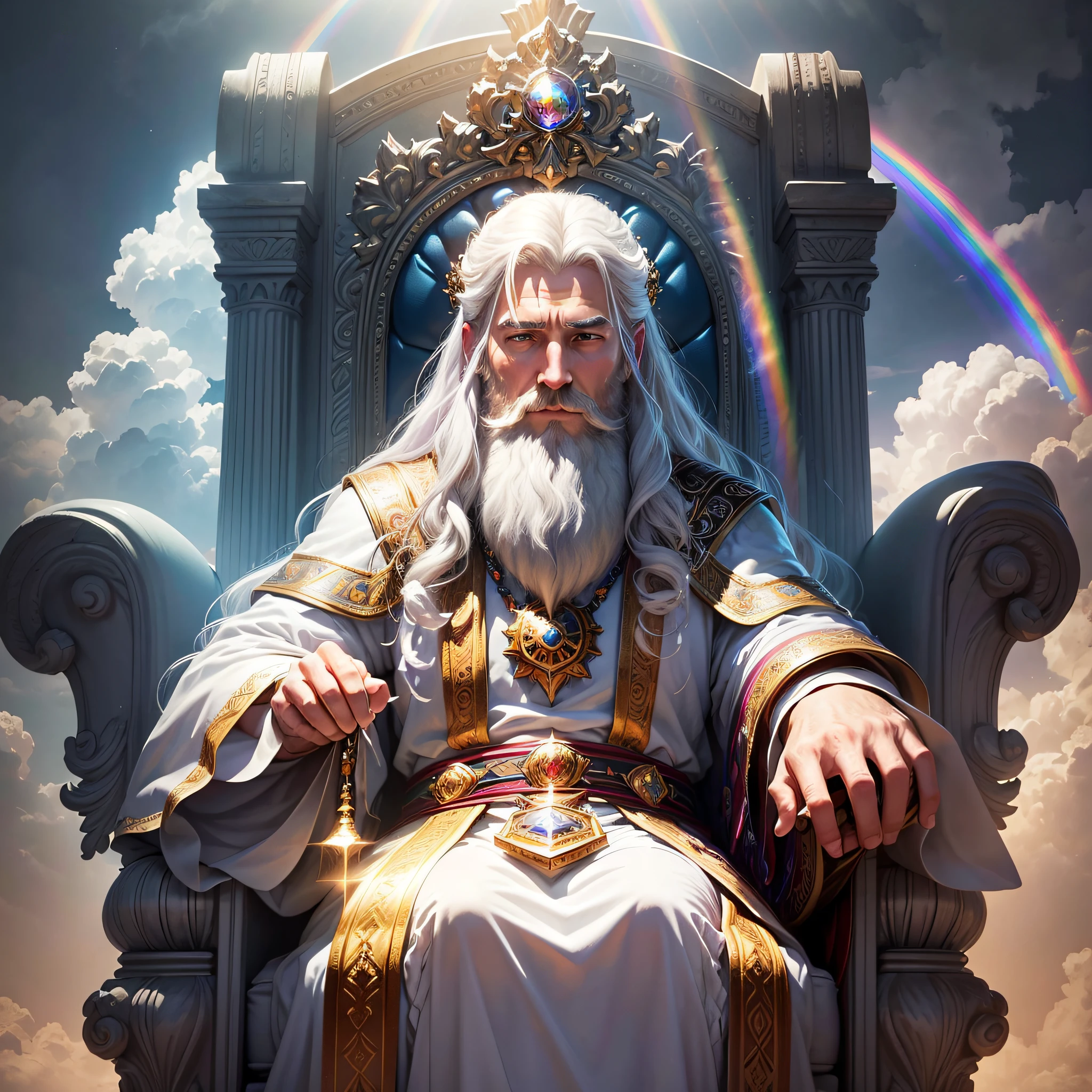 (masterpiece, best quality, ultra-realistic), God's powerful blur throne, a rainbow over the throne, made of sapphire stone,floating over the clouds, a rainbow over the throne, high resolution, divine man, majestic, strong, imposing, white hair and beard, white clothes warmth, dazzling light, serene aura, magnificent aura, god (embodiment of power:1.2), glorious, surreal, a rainbow over the throne (emitting light:1.3), (gleaming:1.2)