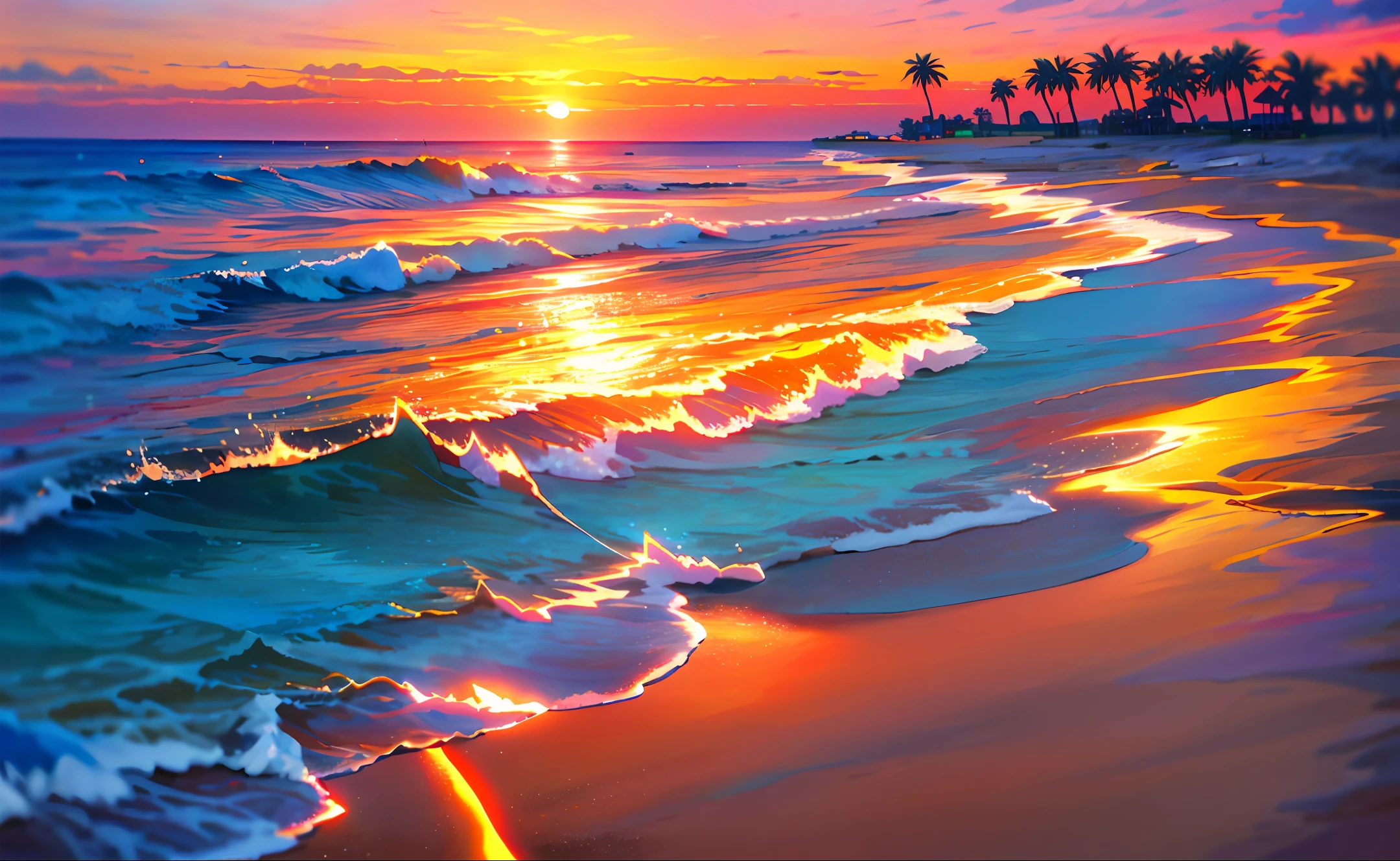 An absolutely mesmerizing sunset over the beach, with a blend of oranges, pinks, and yellows filling the sky. Crystal-clear waters of the sea gently kissing the shore, with sandy white beach stretching far and wide. The scene is dynamic and breathtaking, with seagulls soaring high in the sky and gently swaying palm trees. Take in the calming atmosphere and let the peacefulness wash over you.