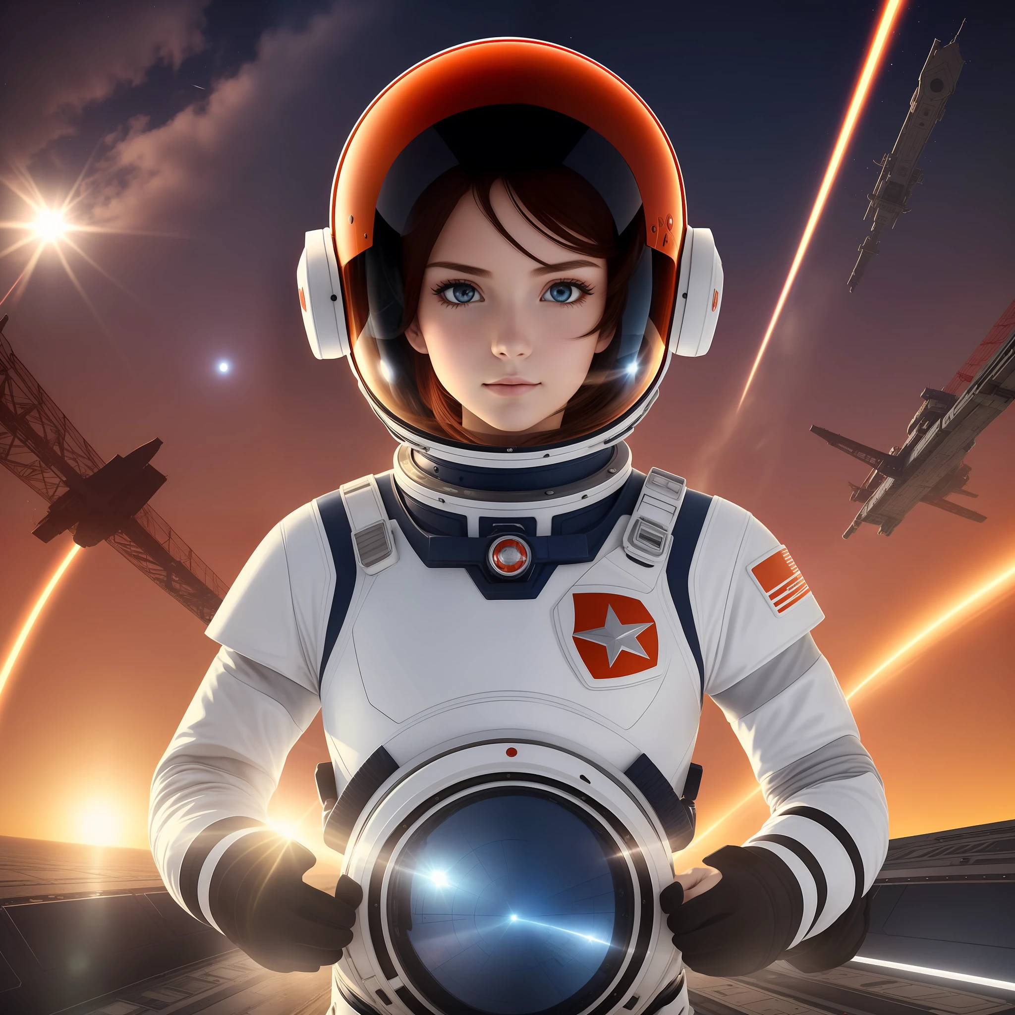 1girl,flat_breasts,cute,beautiful detailed eyes,shiny hair,visible through hair,hairs between eyes, CCCPposter, sovietposter,red monochrome,soviet poster, soviet,communism,
Black_hair,red_eyes,vampire,age,poorbreast,Spacesuit:Orange_clothing_body:jumpsuit),white_gloves, white_space shoes, white_helmet, the CCCP red letters on the top of helmet, weightlessness, Side light, reflection, The person in the spacesuit is at the bottom left of the frame, The right hand is outstretched, the right hand gently touches the Salyut space station), Space station in the upper right corner of the screen, Reflected light from the sun, Silver metal,red flag, brilliance,USSR style, diffuse reflection, Metallic texture, The vista is a blue Earth,mecha style,the sea of star,high tone, magnificent