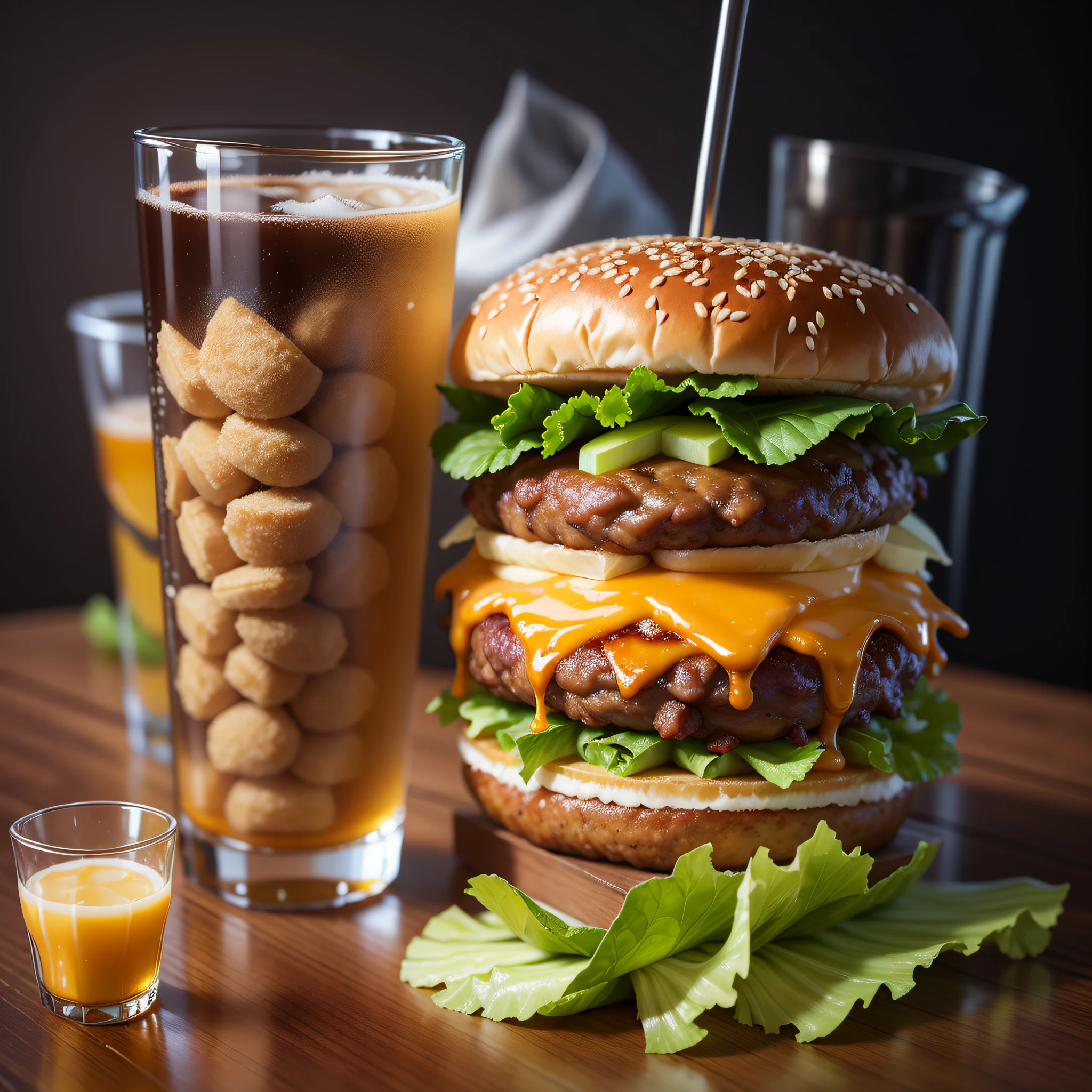 best quality, ultra high resolution, (photorealistic: 1.4), ultra-detailed, incredibly detailed, aluminum package, big mac, fried meat, wet lettuce, melting cheese, juice glass on the side