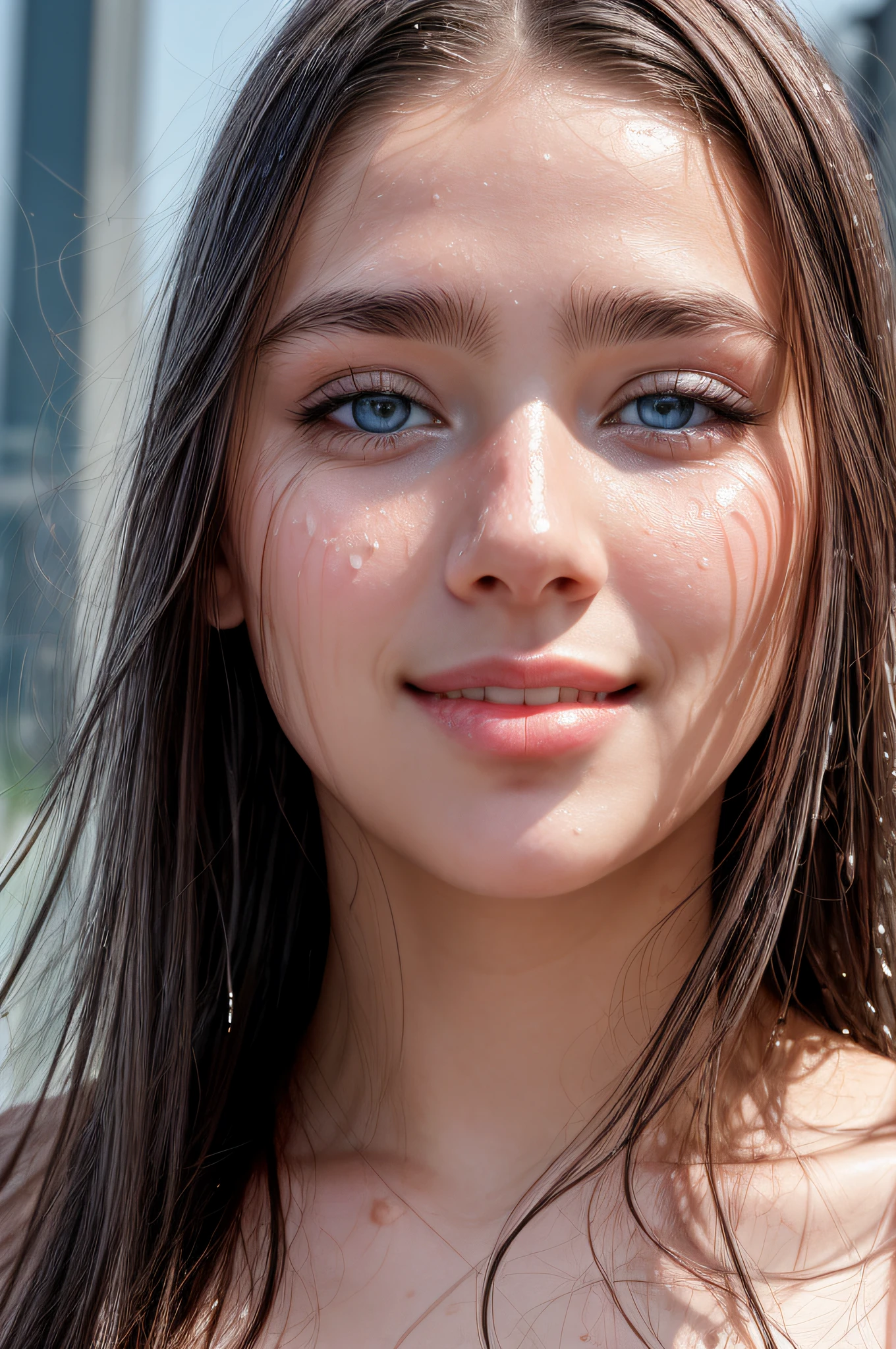 masterpiece, best quality, ultra detailed), close-up, (1girl), blue eyes, long hair, brunette, dynamic angle, dynamic pose, natural lighting, floating, close-up, (wet oozing ????? on face and hair), (wet sperm dripping on forehead), (wet sperm dripping down nose), (white viscous ?????), (natural background:0.8|cityscape), (smiling:0.8|serious expression), (light in the hair), (super ???????? content)
