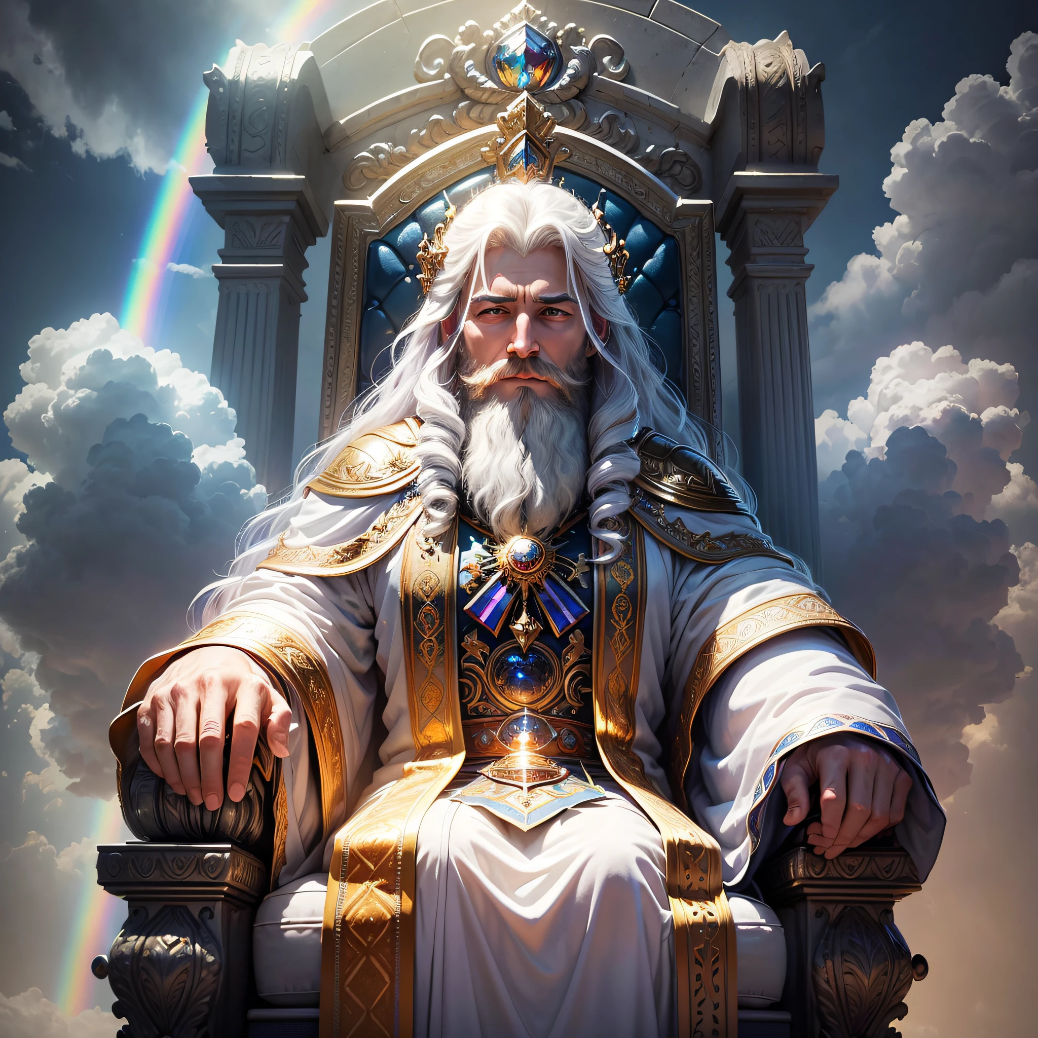 (masterpiece, best quality, ultra-realistic), God's powerful blur throne, a rainbow over the throne, made of sapphire stone,floating over the clouds, a rainbow over the throne, high resolution, divine man, majestic, strong, imposing, white hair and beard, white clothes warmth, dazzling light, serene aura, magnificent aura, god (embodiment of power:1.2), glorious, surreal, a rainbow over the throne (emitting light:1.3), (gleaming:1.2)