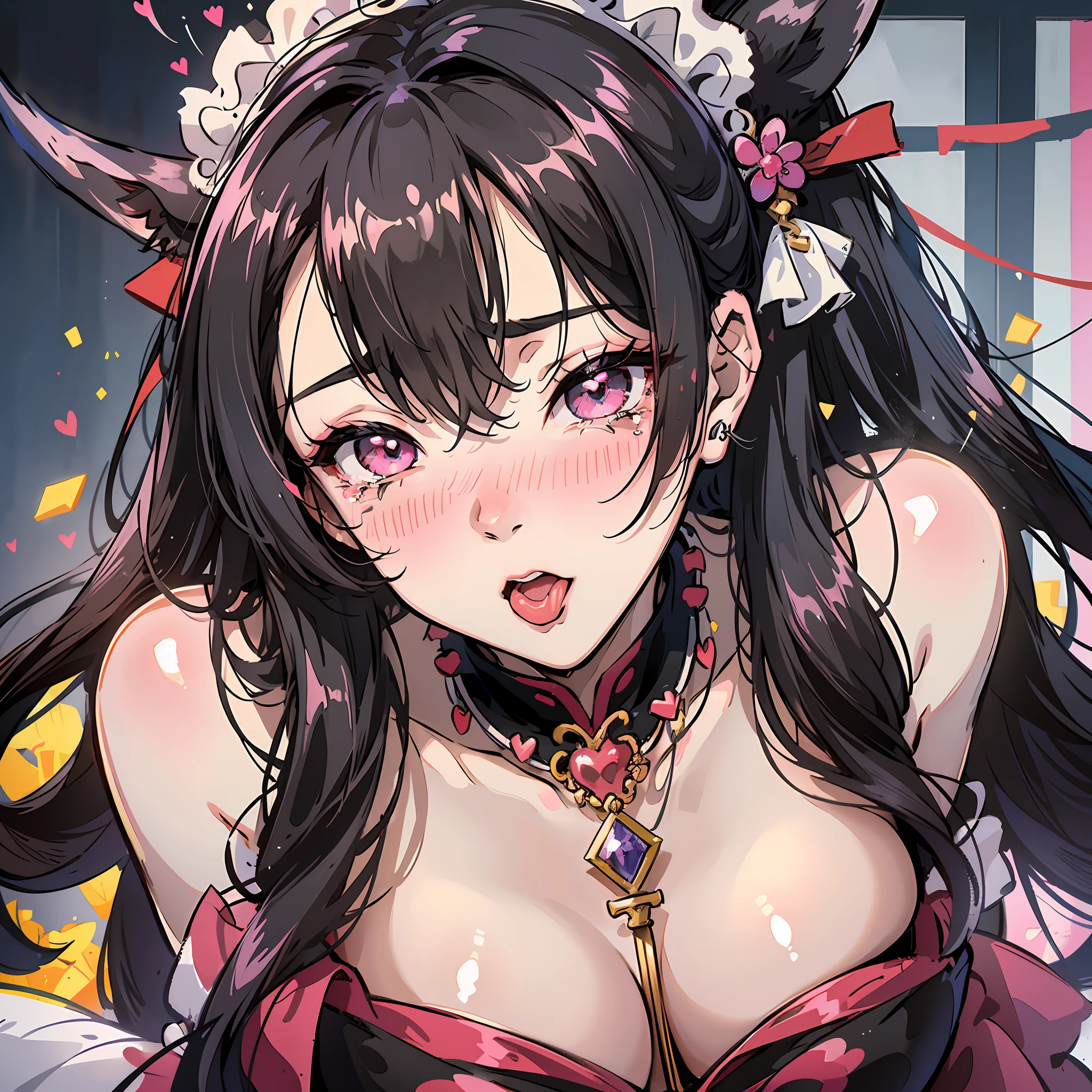 black hair, long hair, messy hair, maid headdress, ribbon, forehead protector, kanzashi, bead necklace, rolling eyes, streaming tears, kemonomimi mode, drunk, saliva, tongue out, unconscious, ear blush, holding breath, full blush, heart in eye, heavy breathing, moaning, drooling, spit take, ahegao, torogao, naughty face, naughty, saliva trail, oral invitation, anime style, Verism, stereogram, cinematic lighting, sparkle, 135mm, character chart, anatomically correct, textured skin, high details, highres, best quality --auto --s2