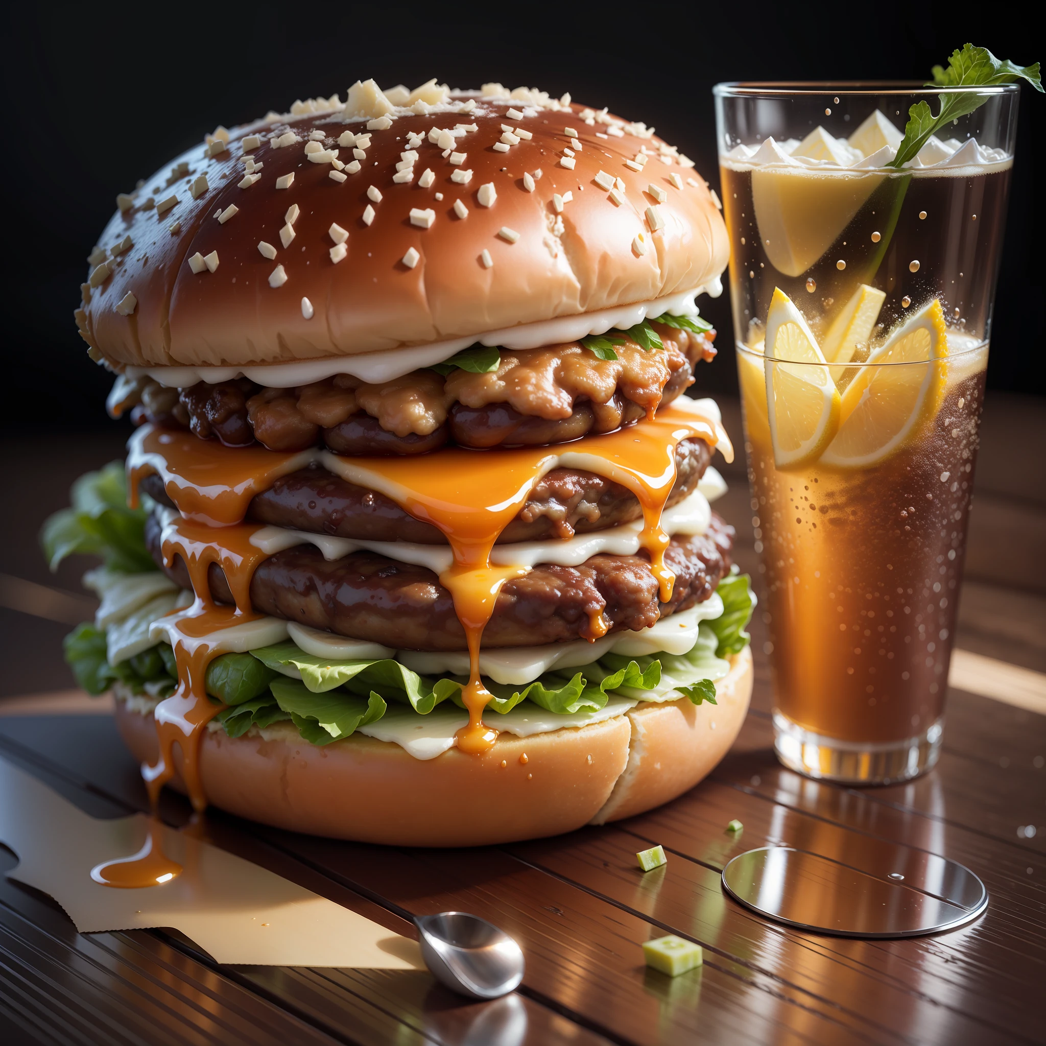 best quality, ultra high resolution, (photorealistic: 1.4), ultra-detailed, incredibly detailed, aluminum package, big mac, fried meat, wet lettuce, melting cheese, juice glass on the side