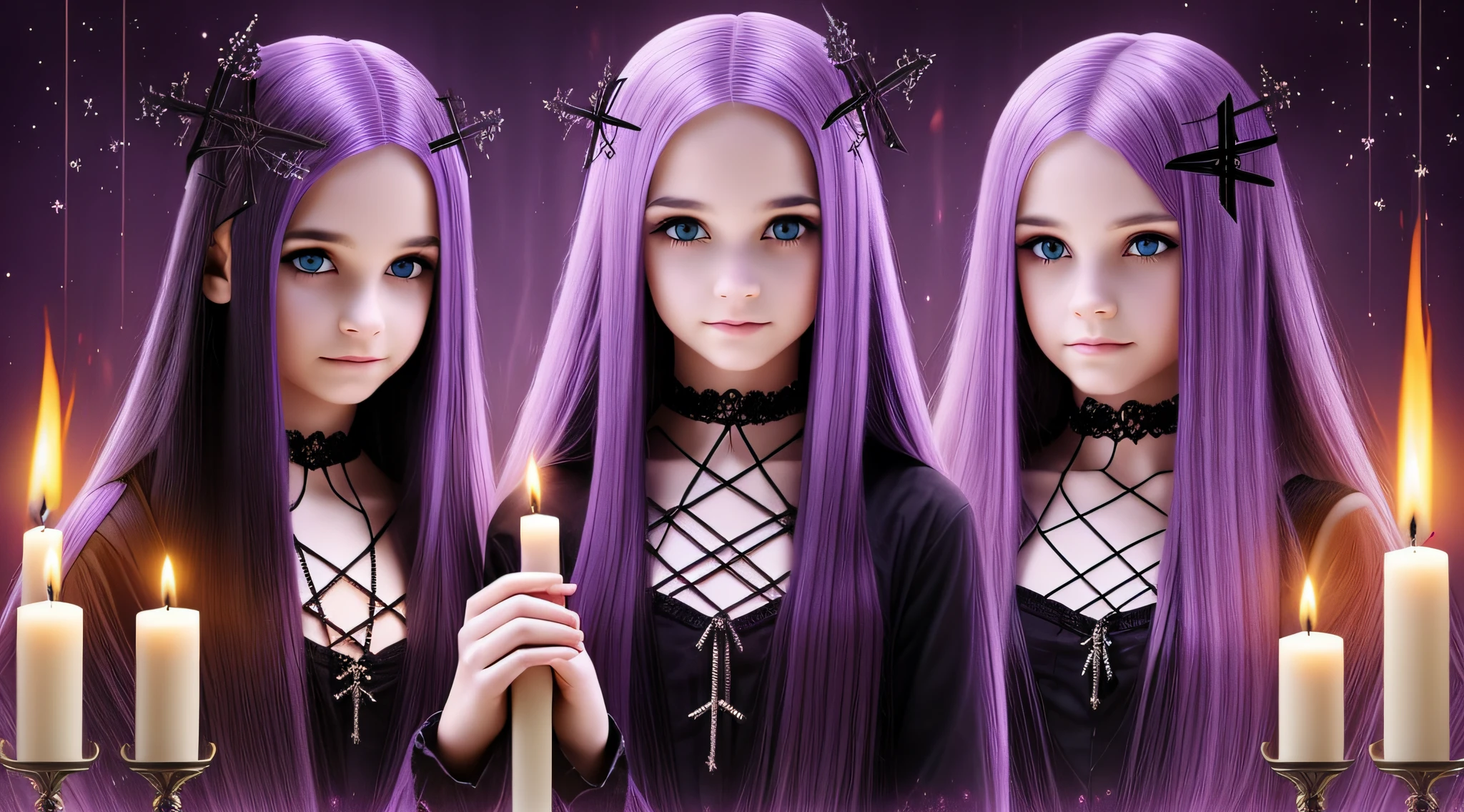 GIRLS CHILDREN, BLONDES WITH VERY LONG STRAIGHT GOTHIC HAIR, PURPLE BACKGROUND., BACKGROUND OF CROSSES. PRAYING WITH FIRE CANDLES IN HAND.