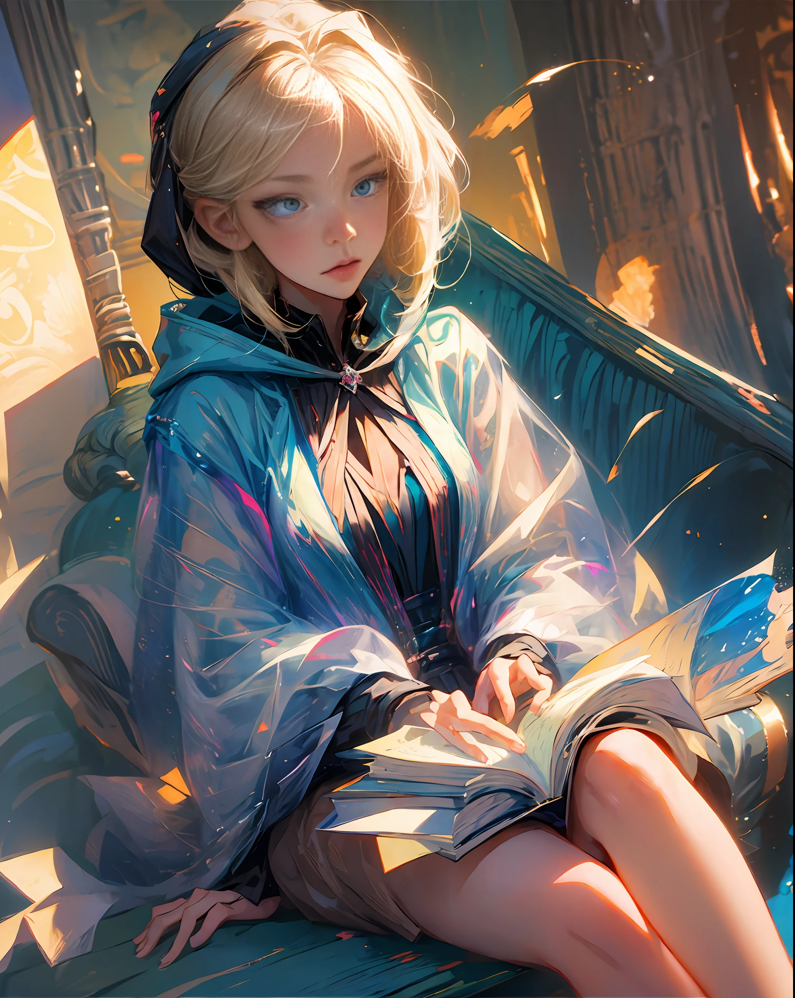 1 girl, masterpiece, best quality, anime, short shoulder length hair, blond hair, attractive eyes, (black fancy hoodie), extremely detailed, full body, in a town, holding a book, lens flare, by studio ghibli, SFW. --auto --s2