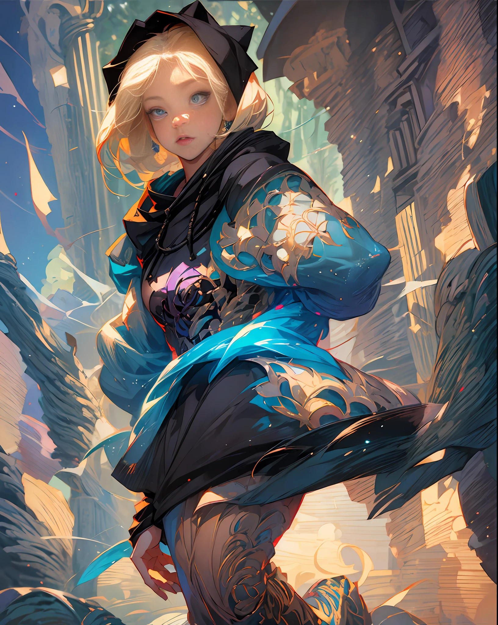 1 girl, masterpiece, best quality, anime, short shoulder length hair, blond hair, attractive eyes, (black fancy hoodie), extremely detailed, full body, in a town, holding a book, lens flare, by studio ghibli, SFW. --auto --s2
