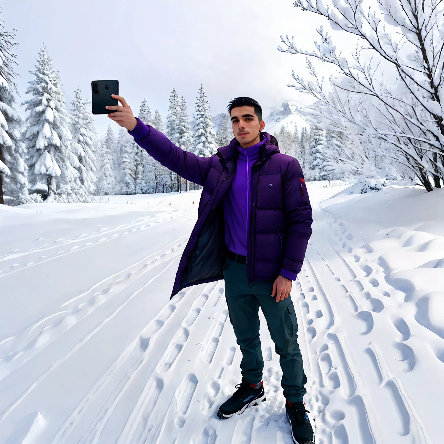 there is a man that is standing in the snow wearing a purple shirt, a picture inspired by Nathan Oliveira, reddit, tachisme, very very low quality picture, frontal picture, foto realista, mateus 9 5, andres rios, 8k selfie photograph, juan diaz canales, david rios ferreira, juanjo guarnido, real ungine