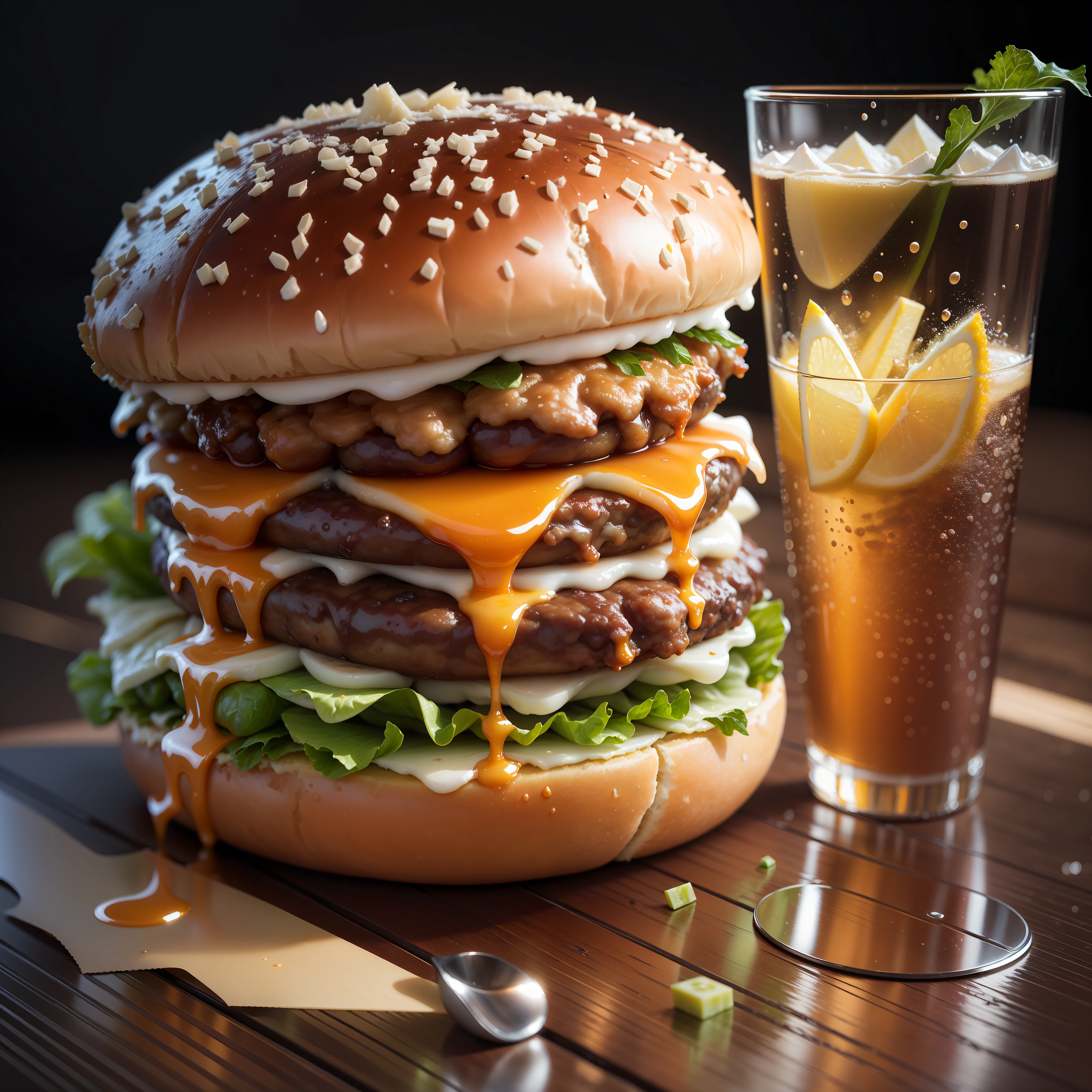 best quality, ultra high resolution, (photorealistic: 1.4), ultra-detailed, incredibly detailed, aluminum package, big mac, fried meat, wet lettuce, melting cheese, juice glass on the side