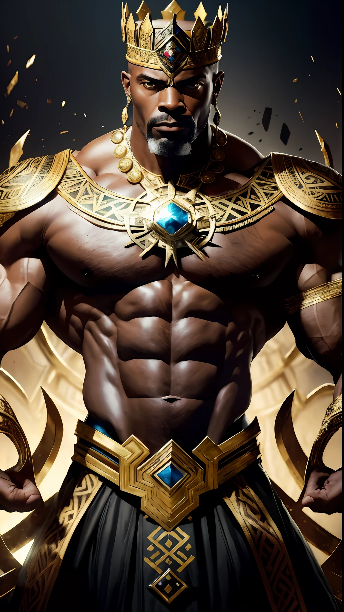 8k portrait of Ronnie coleman muscular, wearing a crown on the head, full body, wakanda background, intricate, elegant, highly detailed, majestic, digital photography, art by artgerm and ruan jia and greg rutkowski, black eyes, (detailed eyes) broken glass (masterpiece, side lighting, beautiful finely detailed eyes: 1.2 ), hdr,