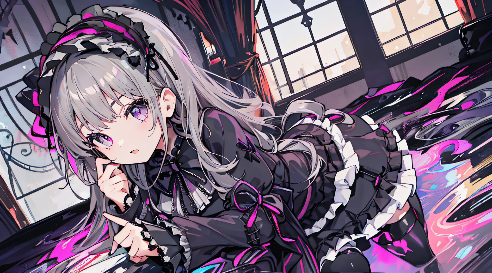 1girl, masterpiece, superlative, high resolution, (gothic_ta:1.4), stockings, gray hair