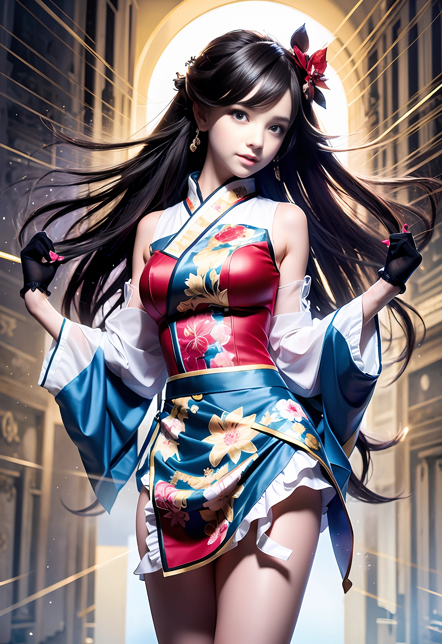 Full Shot:2,Full Body:2,Perfect 10,Masterpiece,18-year-old girl with,Sakura, perfect proportions of face and body with bright blue eyes with long eyelashes and long black hair with snow-white skin in Chinese Hanfu clothes walks along the alley with cherry blossoms where cherry blossoms lie on the ground, the girl has white skin, skin pores, a smile on her face, flirting in front of the camera, the girl is wearing an ultra-short skirt, are guessed through her panties, she has small elastic breasts, protruding swollen are visible through the topic, sexy fishnet stockings on the girl's legs, elegantly shaped stilettos, high resolution, clear focus, trending artstantion, epic realustic, official art, render sunlight, back light, outline around her contours, front illumination on the face, body in shadow, monocle photography style, soft focus, romantic mood, photo resolution 100 megapixels, high detail of image details, depth of field, bokeh, beautiful sun glare and lens highlights - --auto --s2