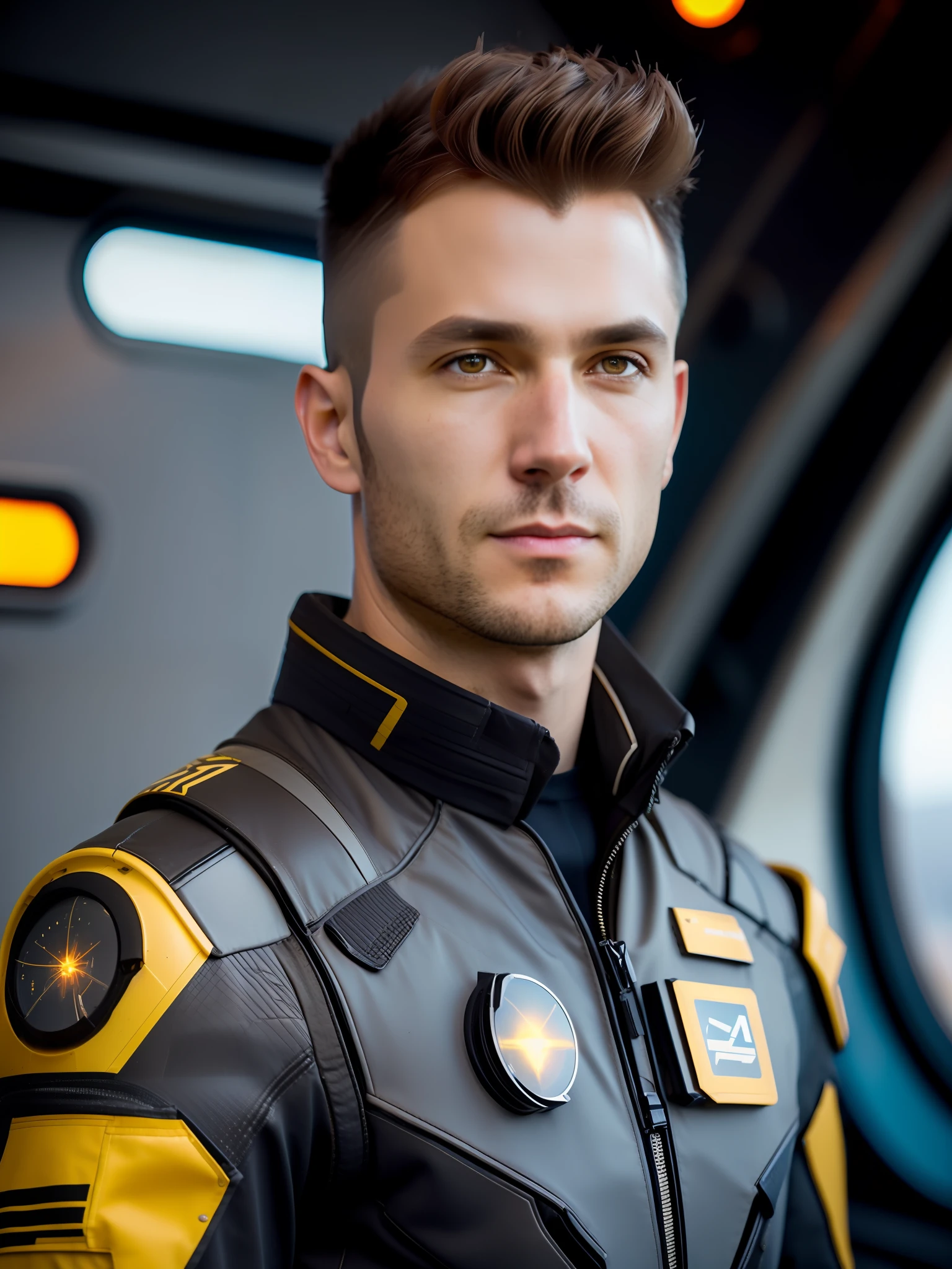 fking_scifi, award-winning photo of a man, black flight suit with yellow accents, brown hair, (gray eyes:1.35), square jawline, asymmetric face, standing in front of a window on a space ship, 80mm, bokeh, mass effect, close up, fking_cinema_v2