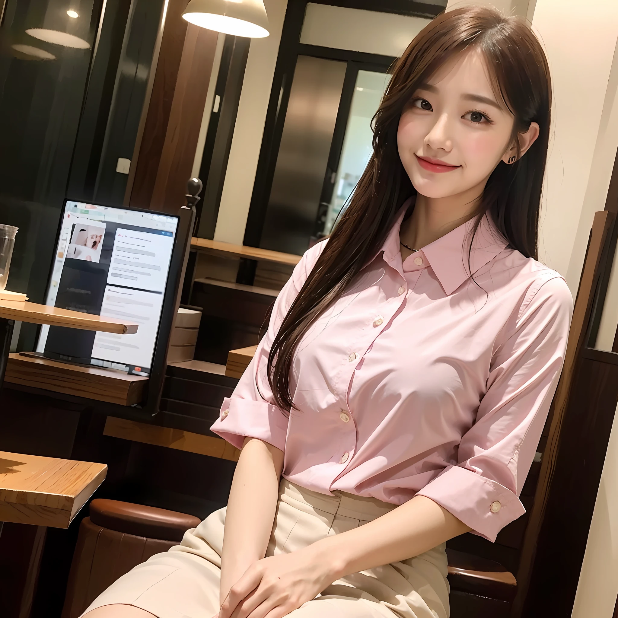 (8K, Best Quality, Masterpiece: 1.2), (Realistic, Photorealistic: 1.37), Super Detailed, 1 Girl, Cute, Solo, Beautiful Details Sky, More Cafe, Night, Sitting, Date, (Blush), (Smile: 1.15), Small Breasts (Mouth Closed), Beautiful Detail Eyes, (Shirt with Collar: 1.1), Night, Wet, Business Clothes, Rain, White Lace, Mini Skirt, ( Semi-long: 1.2), floating hair Novafrog style,