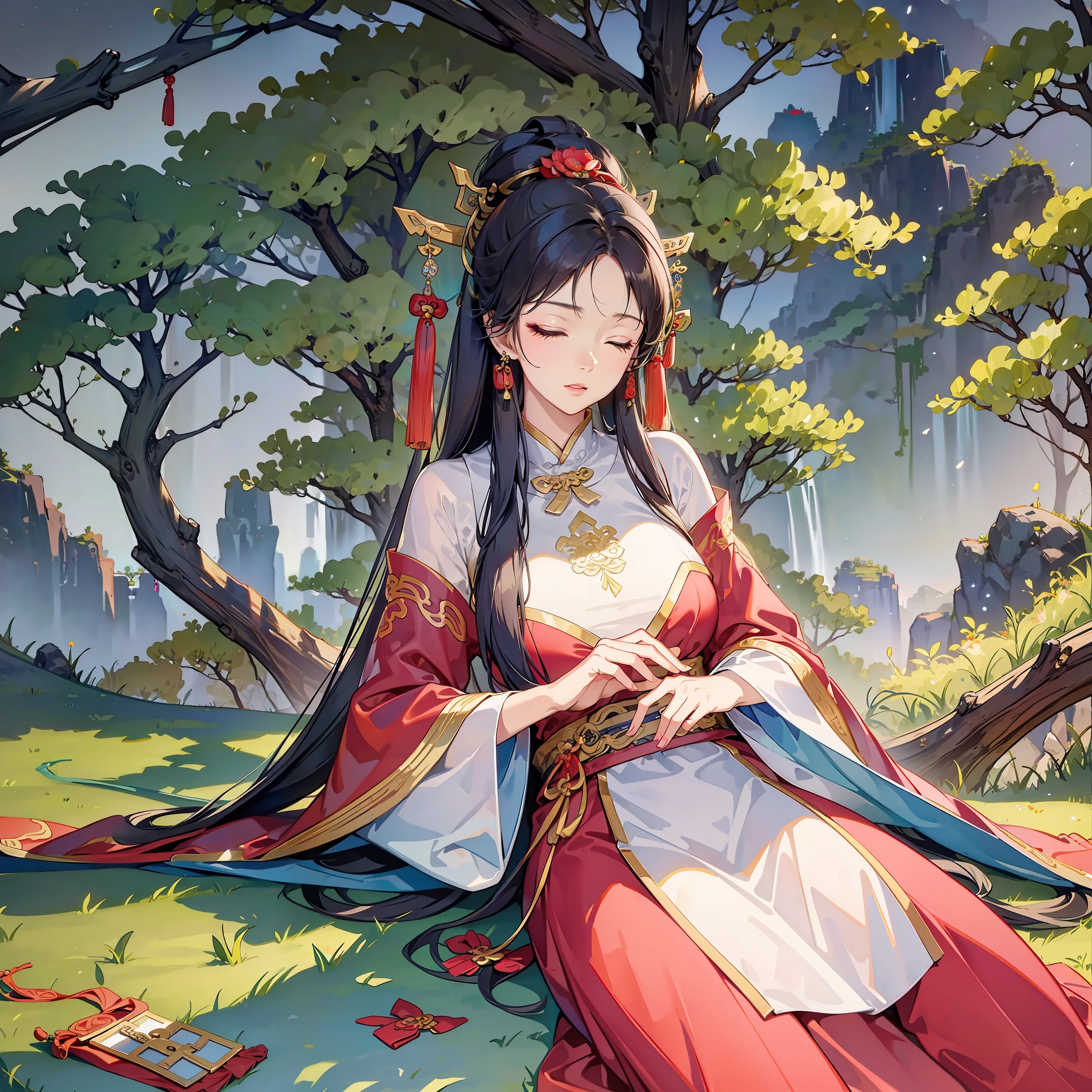 Under the huge towering tree, the vista, ancient China, lying flat on a red-clothed beauty who is sleeping,