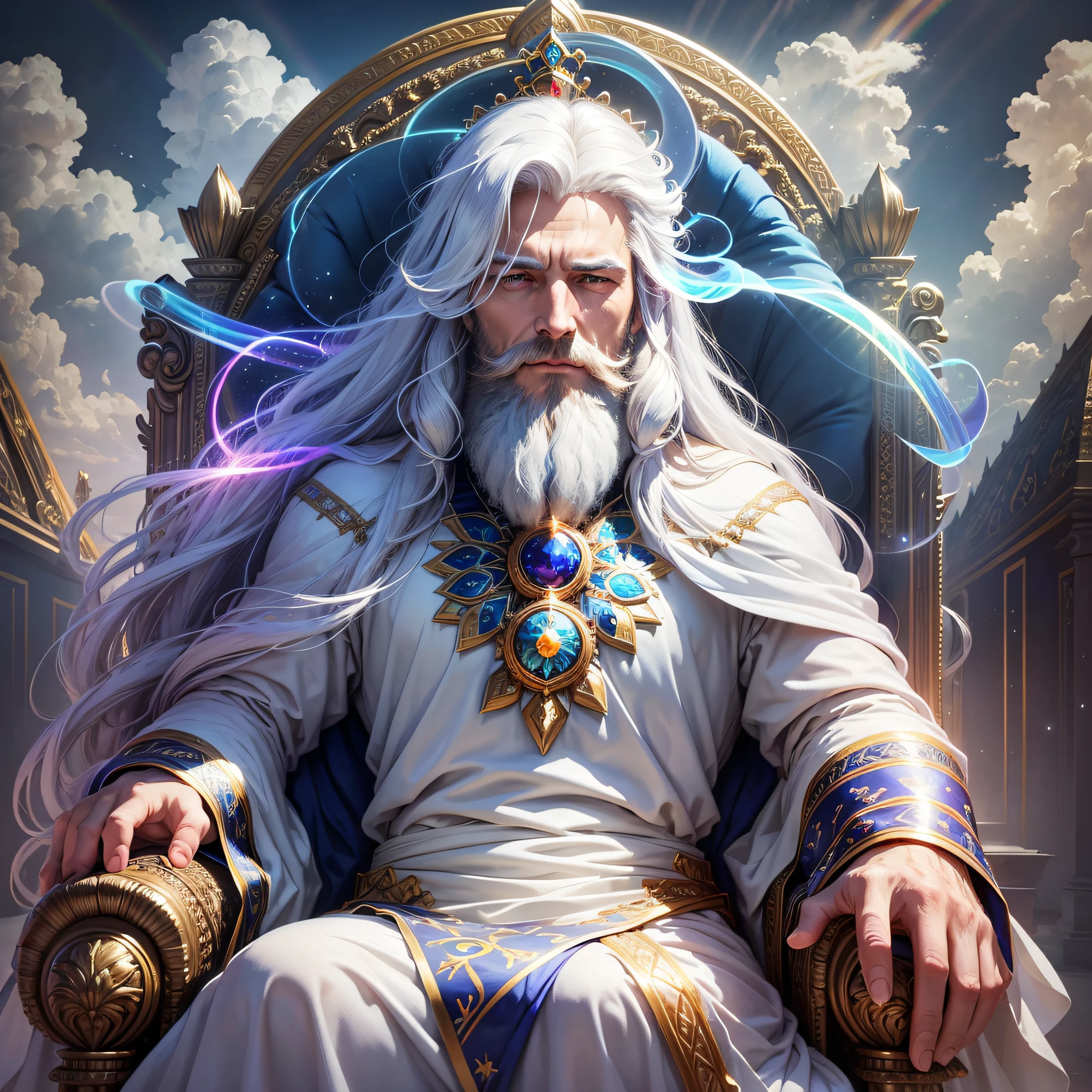 (masterpiece, best quality, ultra-realistic), God's powerful blue throne made of sapphire stone,  a rainbow over the theone, floating over the clouds,  a rainbow over the throne, high resolution, divine man, majestic, strong, imposing, white hair and beard, white clothes warmth, dazzling light, serene aura, magnificent aura, god (embodiment of power:1.2), glorious, surreal, a rainbow over the throne (emitting light:1.3), (gleaming:1.2)