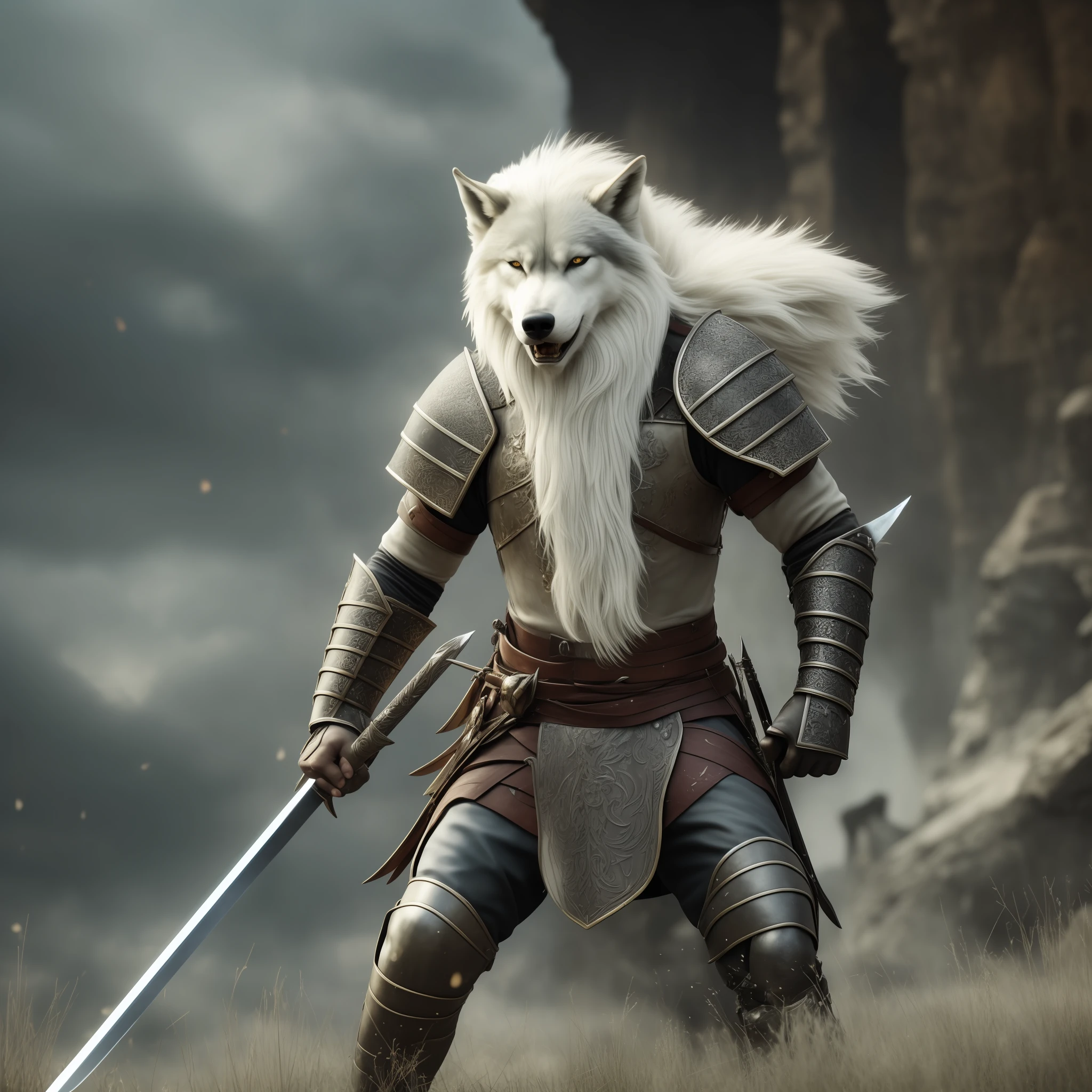 (masterpiece, high quality, best detail), proper lighting, soft blur, dynamic angle, (an old medieval warrior wolf, white hair, blood splatter: 1.3), (holding a sword: 1.5), full body, night, lots of clouds, devastated field in the background, open plan, (extremely detailed CG 8k wallpaper), (masterpiece), (best quality: 1.0), high contrast, perfect lighting, realistic shadows, detailed skin, 70 mm --auto --s2