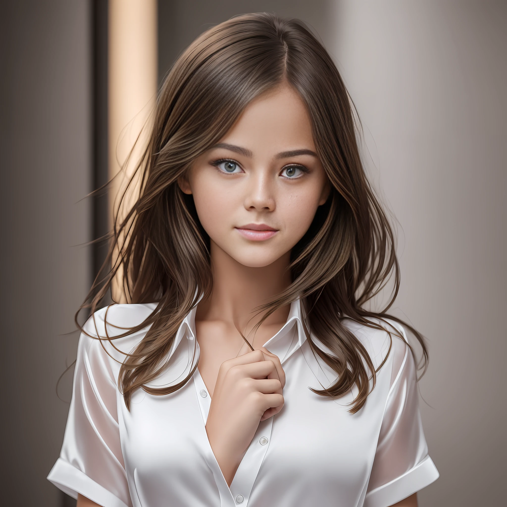 Kristina Pimenova, 18 years old, in a silk shirt, (short black hair: 1.2), (deep detail of the eyes and skin: 1.2), smile, correct anatomy of the body, (portrait in the style of David Barnett · Newton Helmut · Yuri Arkurs ), HDMI, high-professional, detailed, perfect gradient, masterpiece, dslr, 8k uhd, Nikon D3X, HTF, ISO200, f/2.8, 70mm, --auto --s2