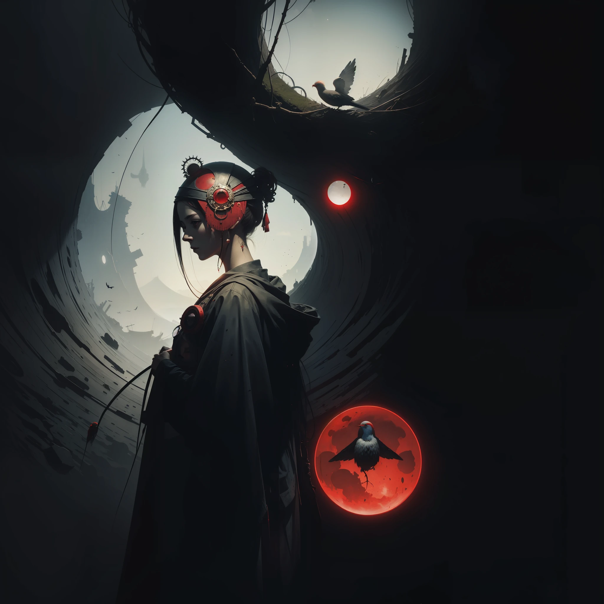 a woman with two birds on her head and a red circle in the middle of her face with a white circle in the middle, Beksinski, artem demura, an ultrafine detailed painting, neoplasticism