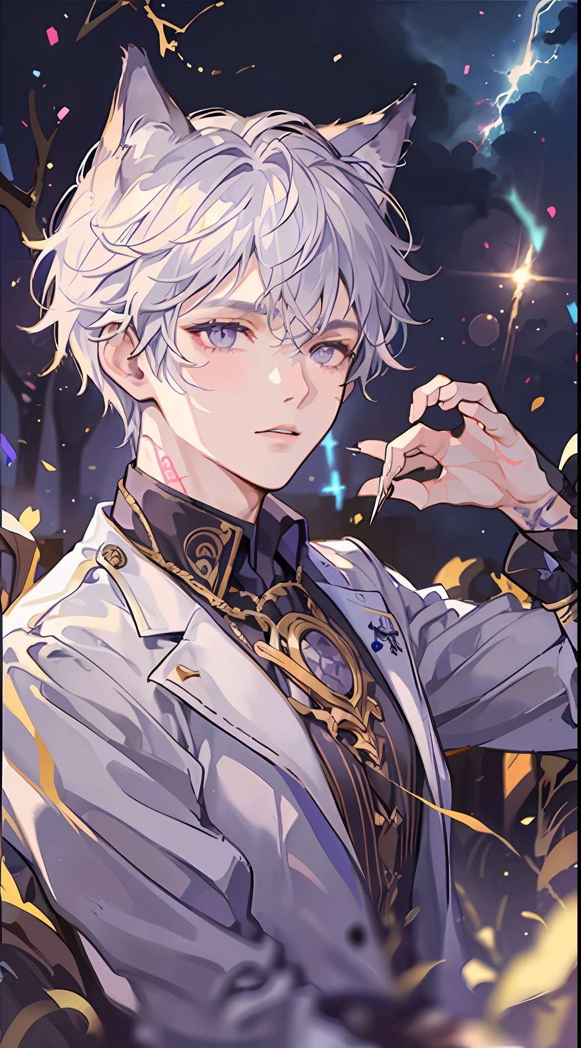(young boy, lightning, masterpiece, high quality),(short white hair, cat ears, purple eyes, muscles, claws),(tattoo, scars),(aristocrat)
