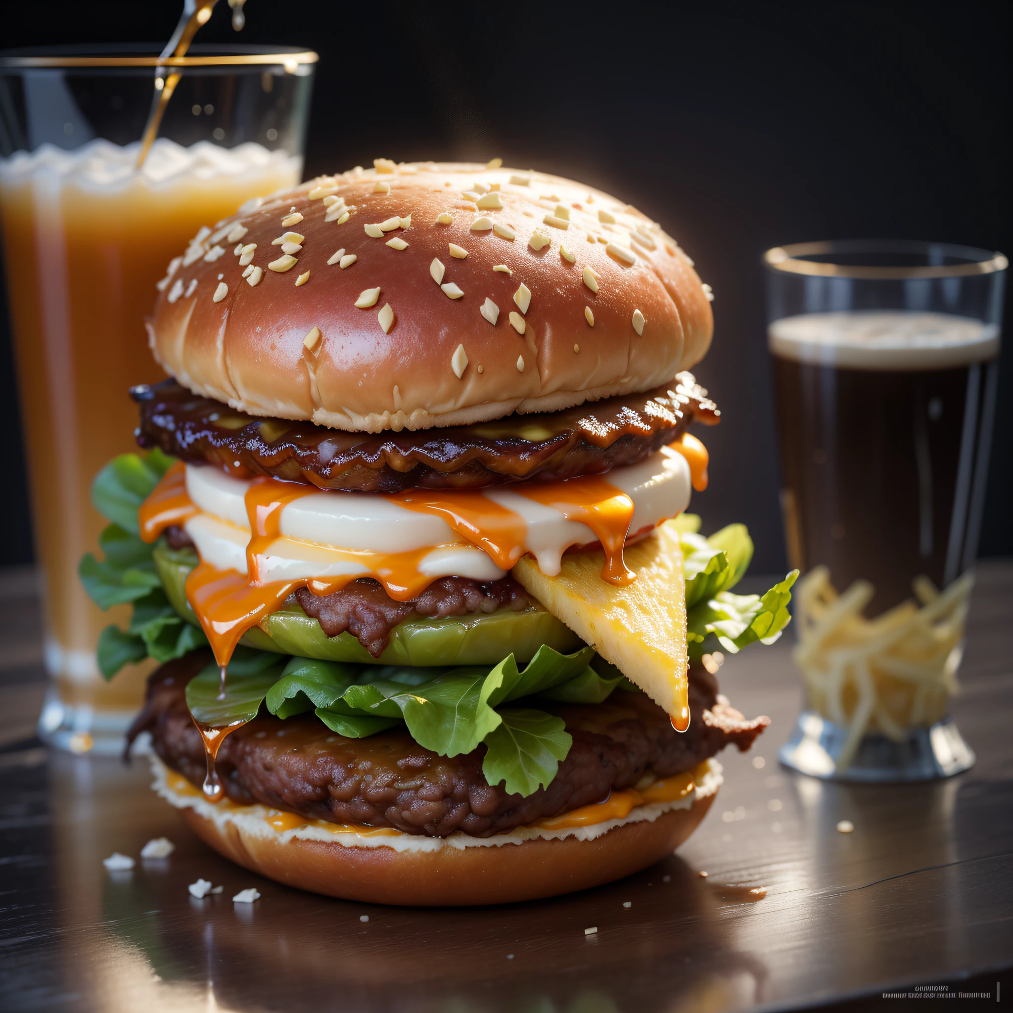 best quality, ultra high resolution, (photorealistic: 1.4), ultra-detailed, incredibly detailed, aluminum package, big mac, fried meat, wet lettuce, melting cheese, juice glass on the side