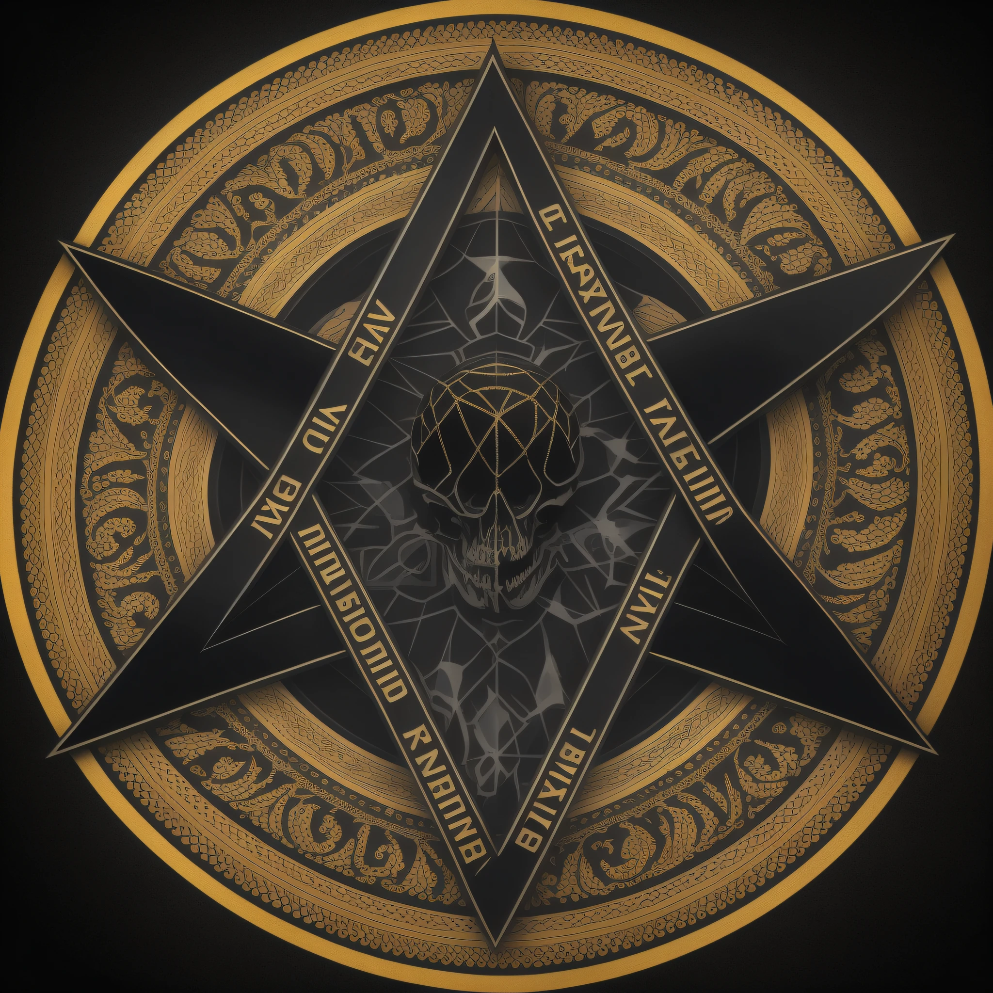 logo with the letters N.O.! in the center of a pentagram of bones, with a skull with earpiece, black and gold background, then in a circle