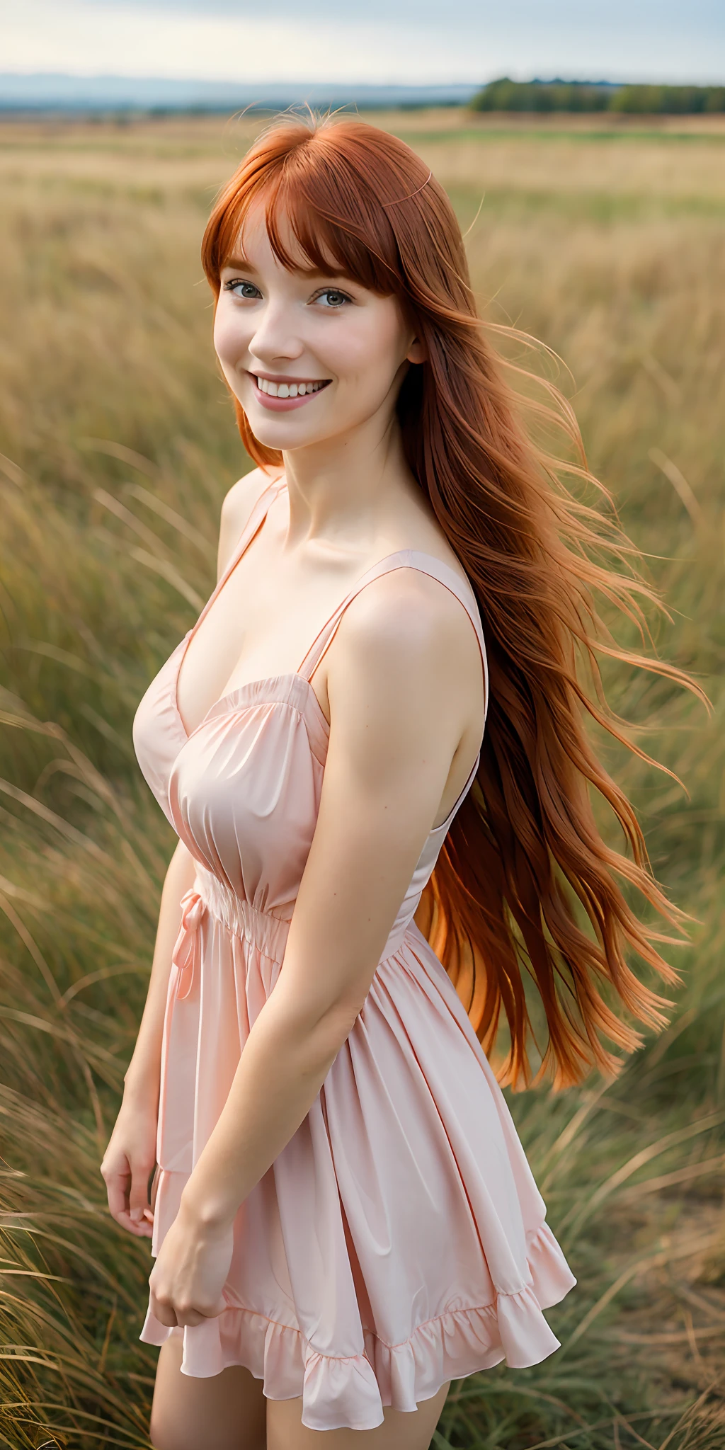 120-year-old redhead (hyperrealistic) girl (masterpiece), straight hair with bangs, silky skin, medium breasts (firm), (photorealistic), hot, red-haired girl, perfect goddess, wearing a very short pink dress (highlight on breasts) is sitting standing on m grass with the wind blowing slightly raised her dress and hair, while smiling at the camera