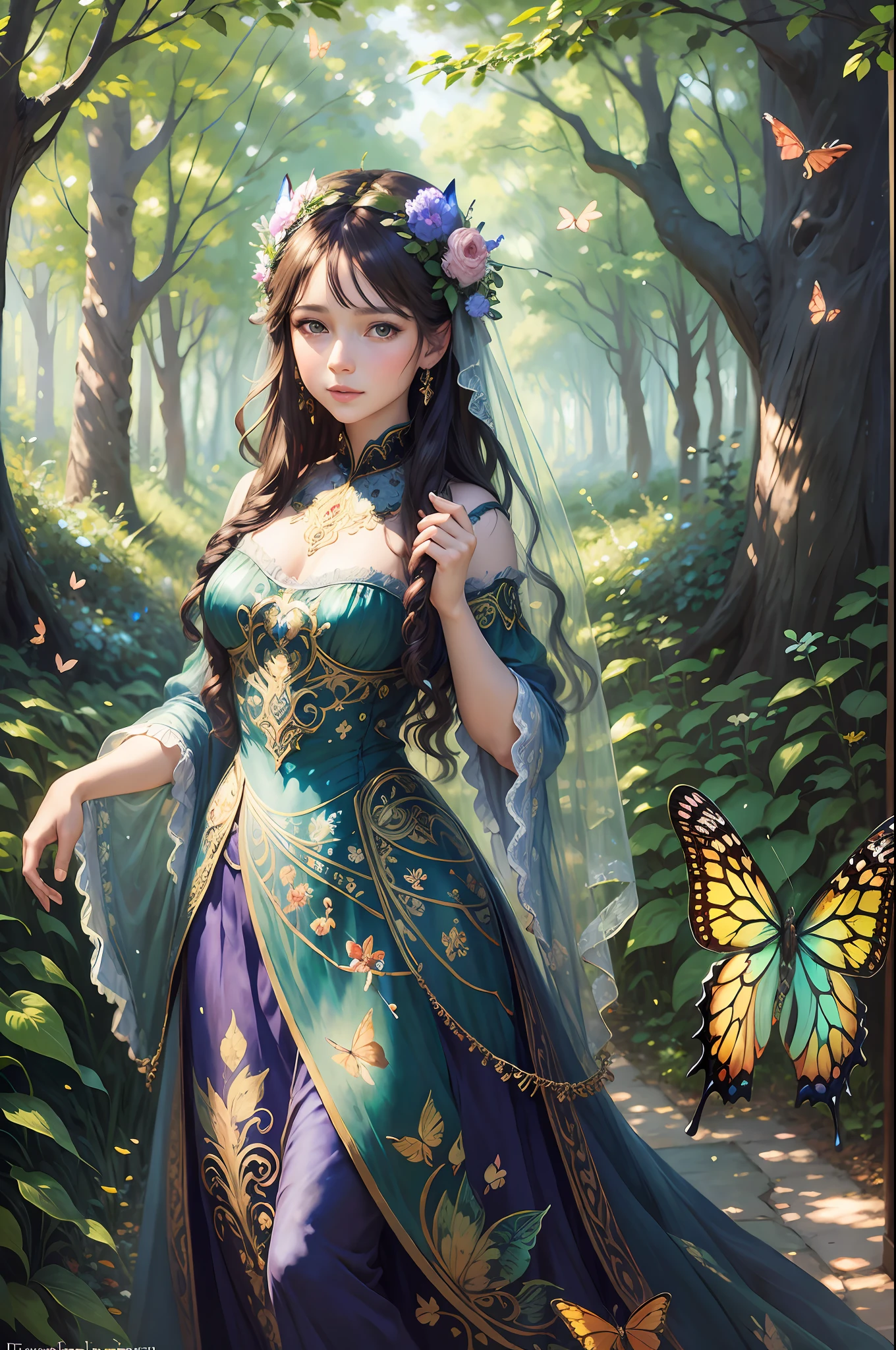 mystic forest maiden with butterflies, transparent silk dress, impressionist portrait,
impressionist painting, by Konstantin Razumov, Pierre-Auguste Renoir, textured paint,
detailed, realistic portrait, fine art, ornate motifs, beautiful, 8k, depth of sharpness,
Rembrand lighting, ray tracing, high quality, sharp focus