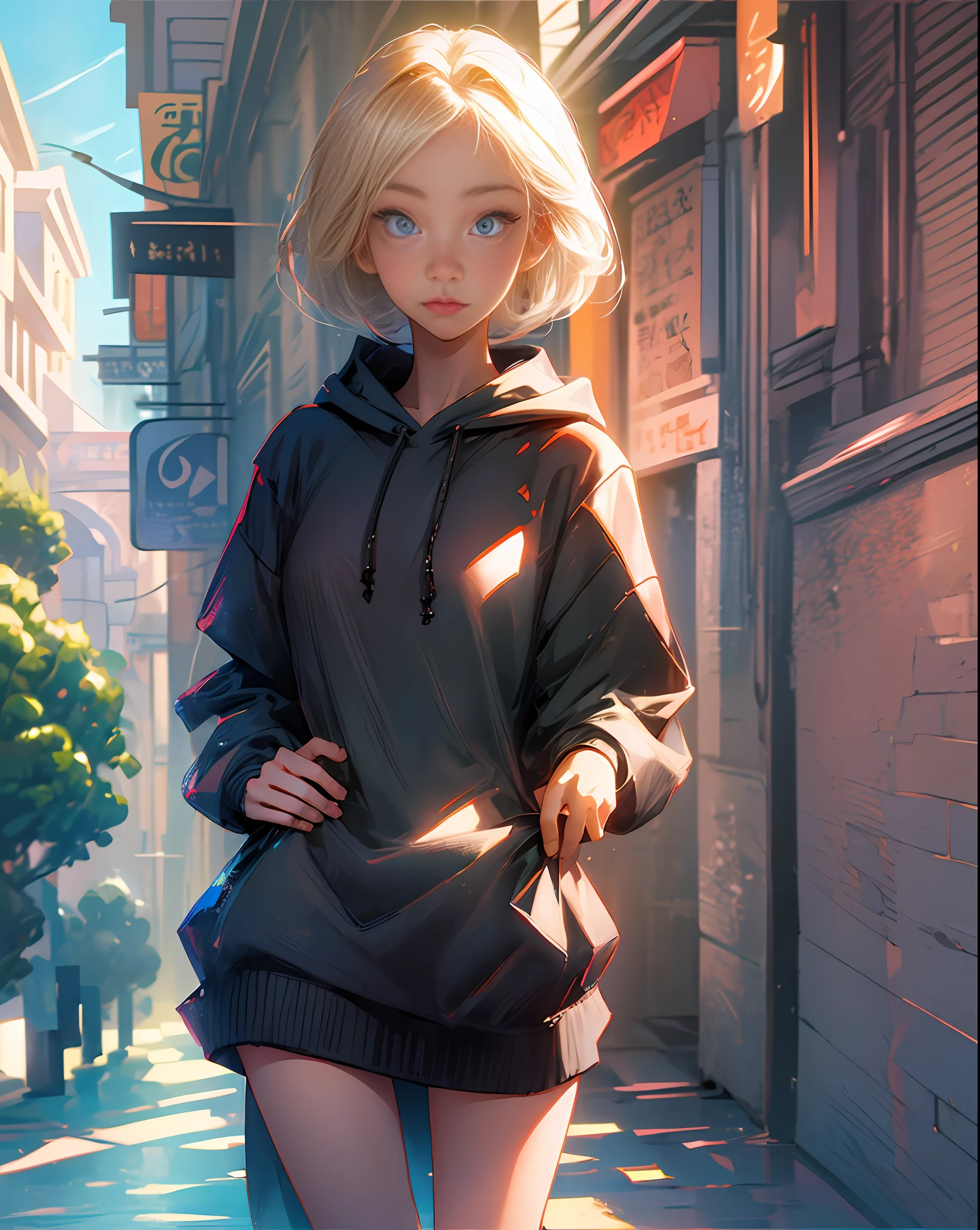 1 girl, masterpiece, best quality, anime, corrected, unblurred, undeformed, corrected body parts, corrected face, short shoulder length hair, blond hair, attractive eyes, (black fancy hoodie), extremely detailed, full body, in a town, holding a book, lens flare, by studio ghibli, SFW. --auto --s2