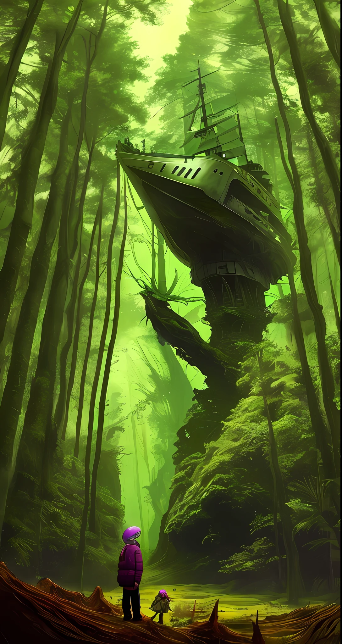 An alien in the forest and his ship in the background