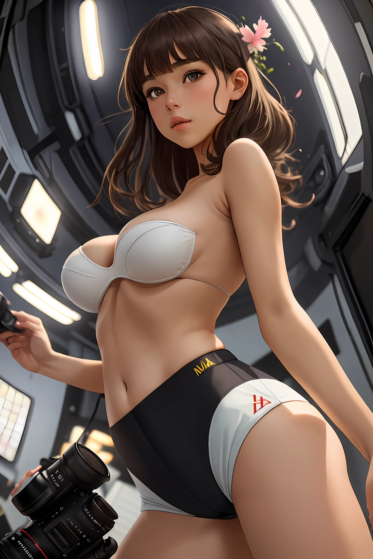 (nude), big breasts, (masterpiece), delicate, extremely detailed, (watercolor), blooming, delicate and beautiful, illustration, (from below),(1girl:1.4), (solo:1.2), big breasts, (tight yoga clothes: 1.3), sportswear, (shorts: 1.2), strapless, (underboob: 1.2), ((dark skin: 0.8)), beautiful eyes, (shaggy hair), photography, strapless photo, Alex Maleev, professional, canon camera, nikon camera, sharp, bokeh, studio quality, fisheye lens, robert capa,
