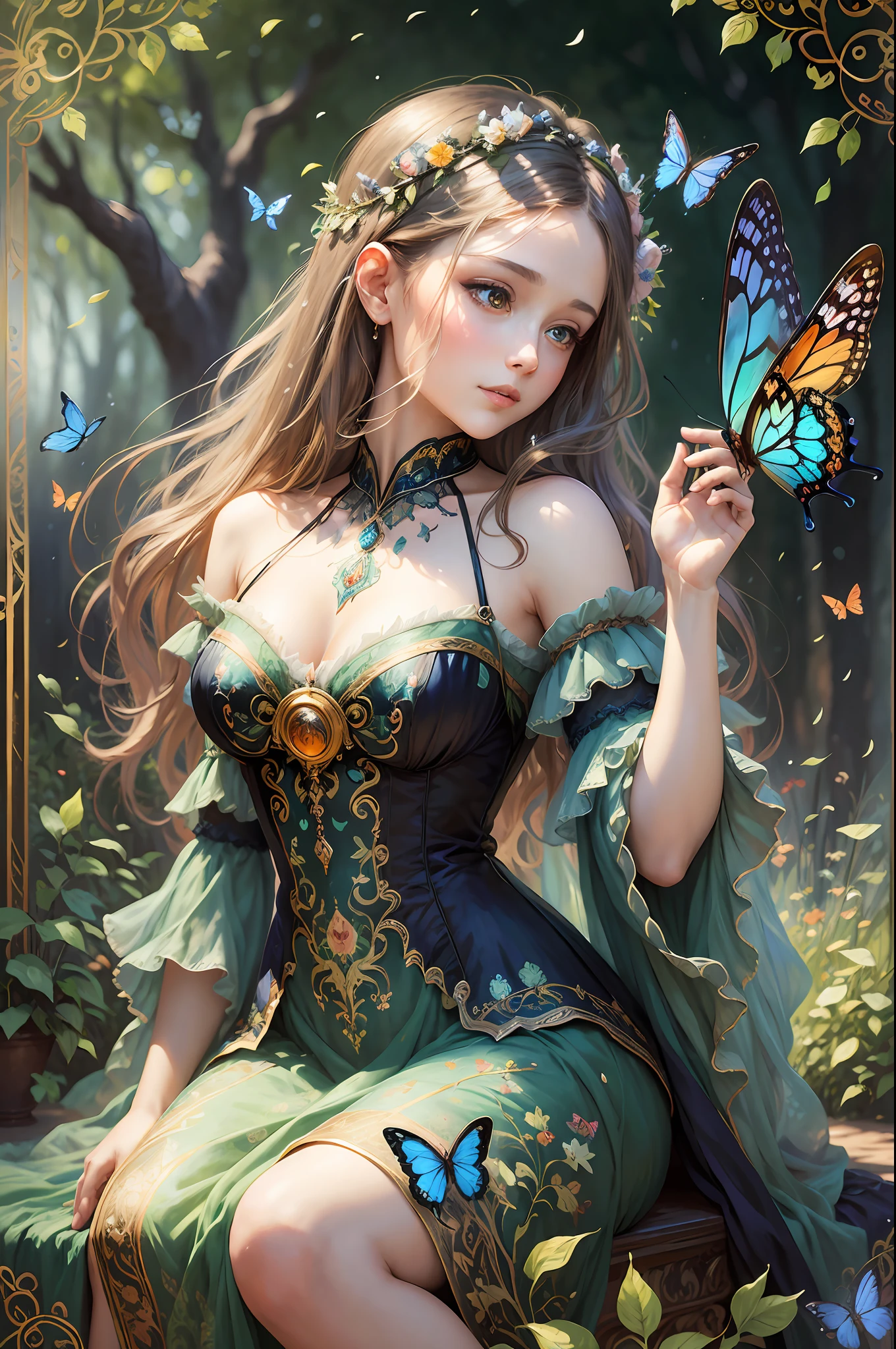 mystic forest maiden with butterflies, transparent silk dress, impressionist portrait,
impressionist painting, by Konstantin Razumov, Pierre-Auguste Renoir, textured paint,
detailed, realistic portrait, fine art, ornate motifs, beautiful, 8k, depth of sharpness,
Rembrand lighting, ray tracing, high quality, sharp focus