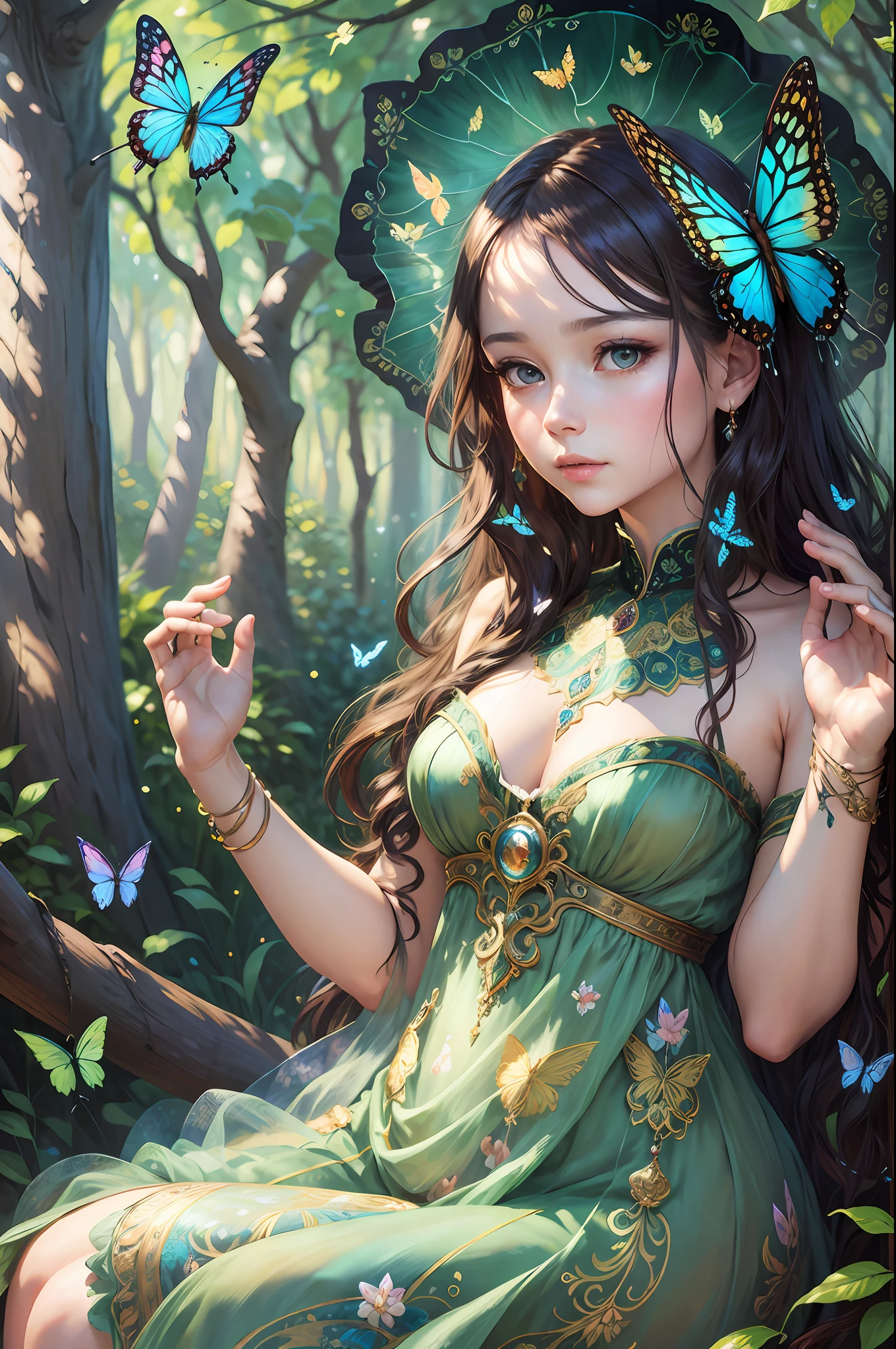 mystic forest maiden with butterflies, transparent silk dress, impressionist portrait,
impressionist painting, by Konstantin Razumov, Pierre-Auguste Renoir, textured paint,
detailed, realistic portrait, fine art, ornate motifs, beautiful, 8k, depth of sharpness,
Rembrand lighting, ray tracing, high quality, sharp focus