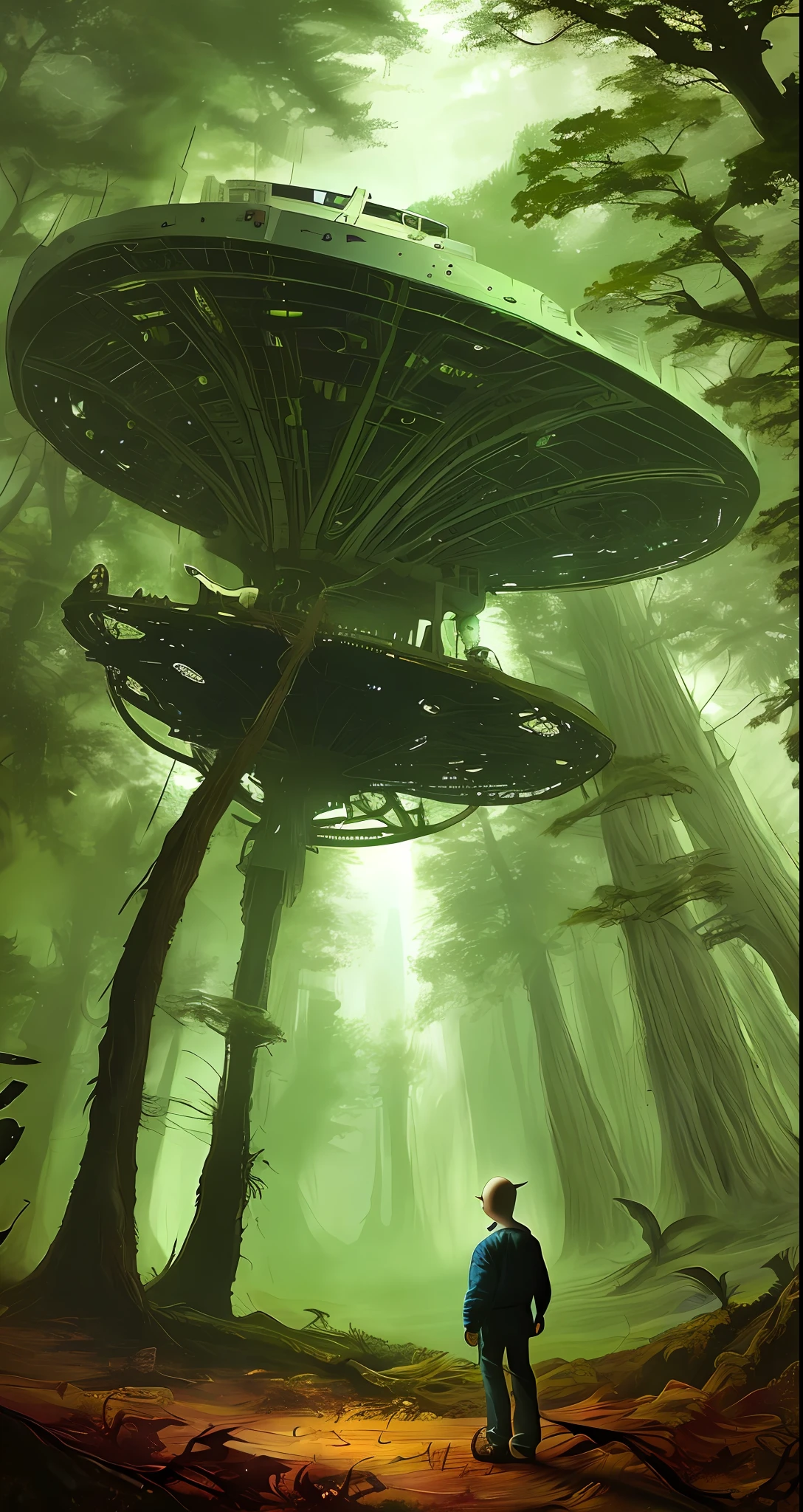 An alien in the forest and his ship in the background