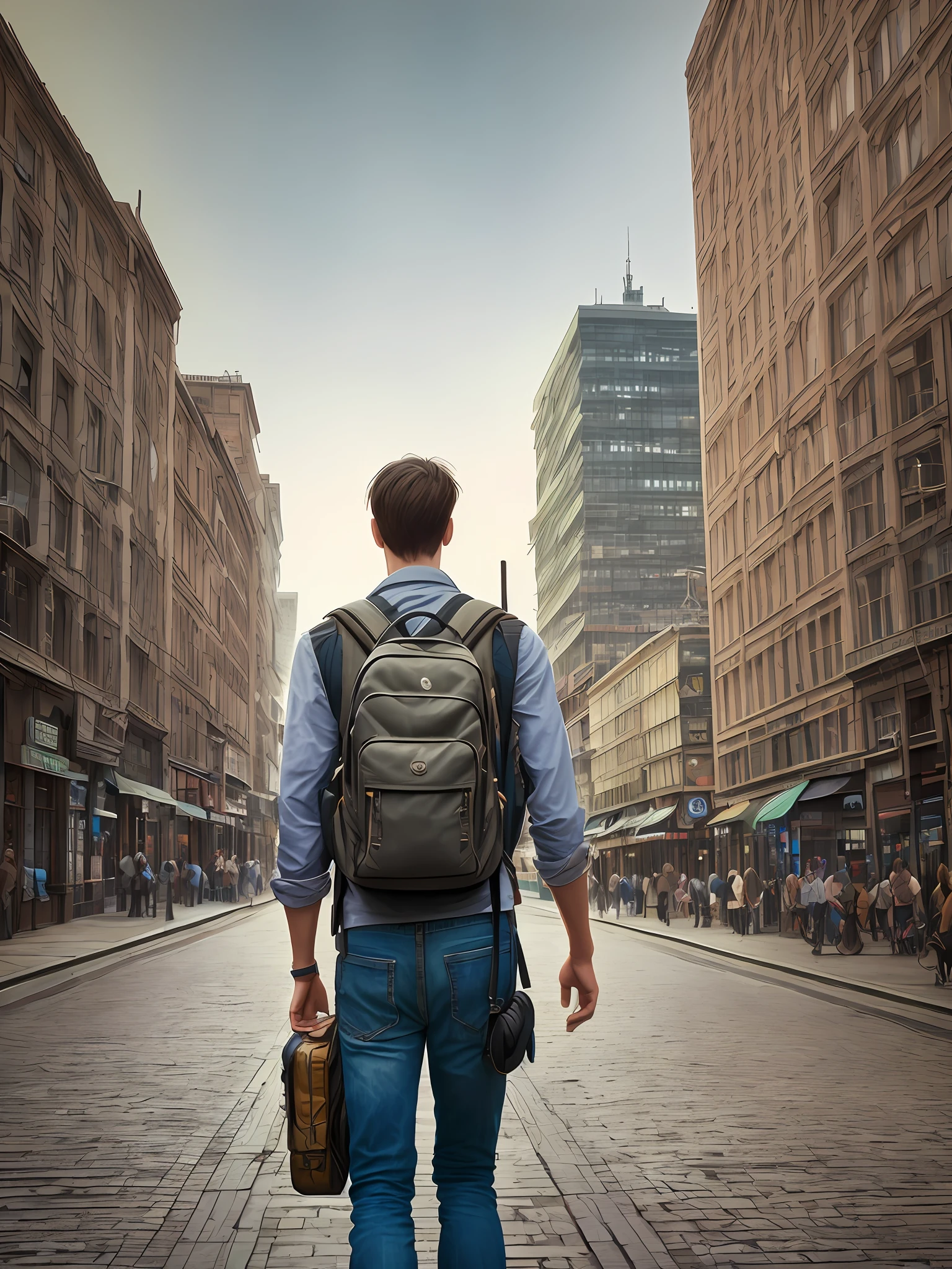 tall man, beautiful smile street, backpack, realistic epic, photo, faded, complex things around, city background, beautiful office, neutral colors, ((((hdr)))), ((((soft colors)))), intricate scene, artistic station, intricate details, vignette